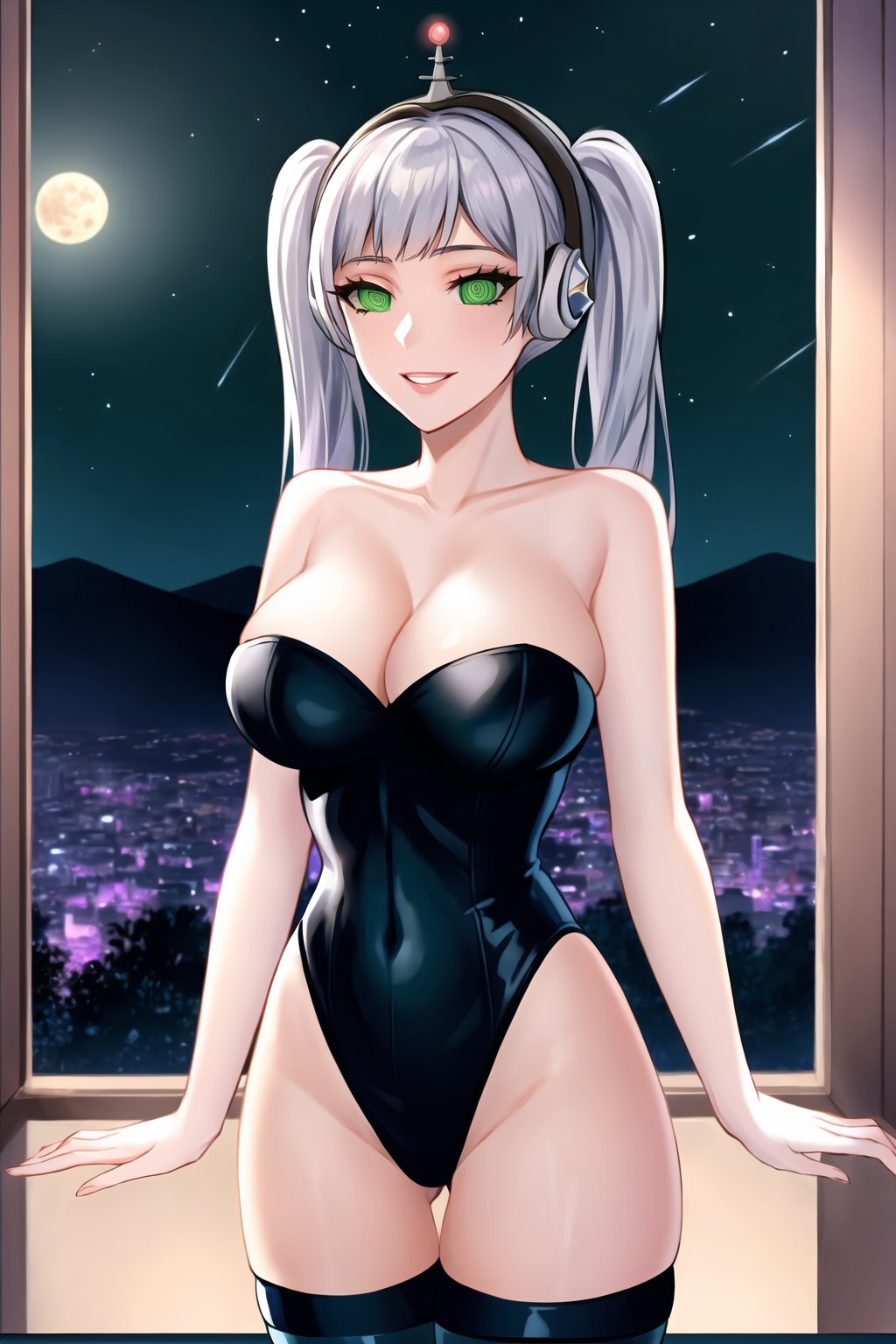 High detailed, cyberpunk, future, noelle_silva, twintails, silver hair, bang, smile, lips, ((latex)), ((fembot, headphone, @_@, green eyes, leotard, thighhighs, cleavage, bare shoulders)), window, 1girl,  night,solo,  star \(sky\), large breasts, night sky, starry sky, looking at viewer, sky,  moonlight, (cowboy shot),