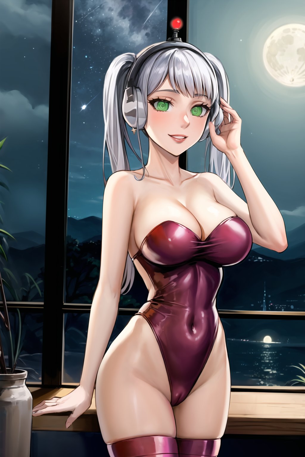 High detailed, cyberpunk, future, noelle_silva, twintails, silver hair, bang, earrings, jewlery, smile, lips, ((latex)), ((fembot, headphone, @_@, green eyes, leotard, thighhighs, cleavage, bare shoulders)), window, 1girl,  night,solo,  star \(sky\), large breasts, night sky, starry sky, looking at viewer, sky,  moonlight, (cowboy shot),