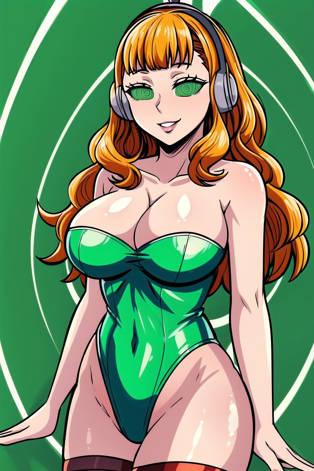 High detailed, cyberpunk, future, ,mimosa vermillion, orange hair, , smile, lips, ((latex)), ((fembot, headphone, @_@, green eyes, leotard, thighhighs, cleavage, bare shoulders)), large breasts, ((green background, spiral background,simple background)), looking at viewer, (cowboy shot),SPIRALWASH EYES