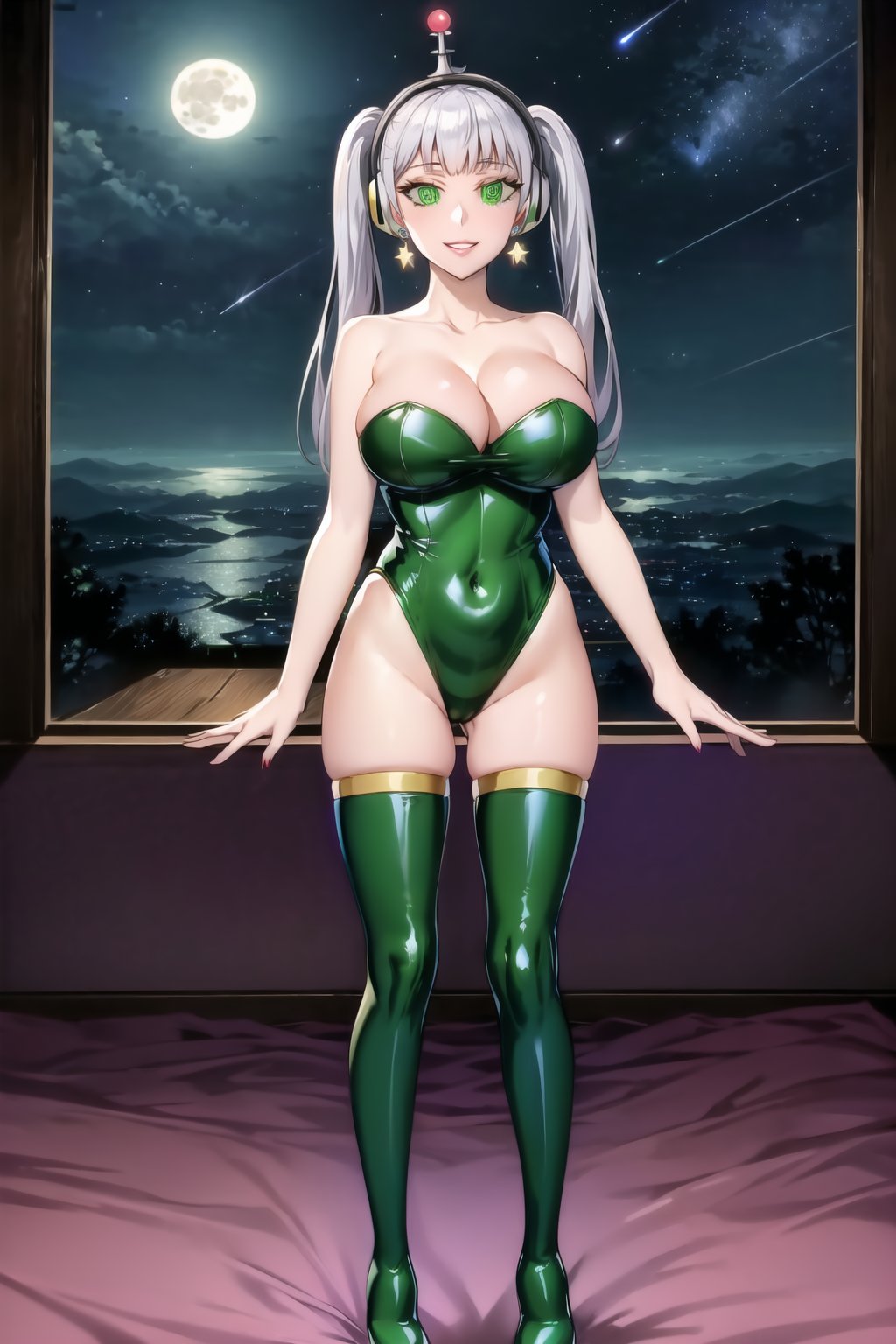 High detailed, cyberpunk, future, noelle_silva, twintails, silver hair, bang, earrings, jewlery, smile, lips, ((latex)), ((fembot, headphone, @_@, green eyes, leotard, thighhighs, boots,cleavage, bare shoulders)), window, 1girl,  night,solo,  star \(sky\), large breasts, night sky, starry sky, looking at viewer, sky,  moonlight, cowboy shot,