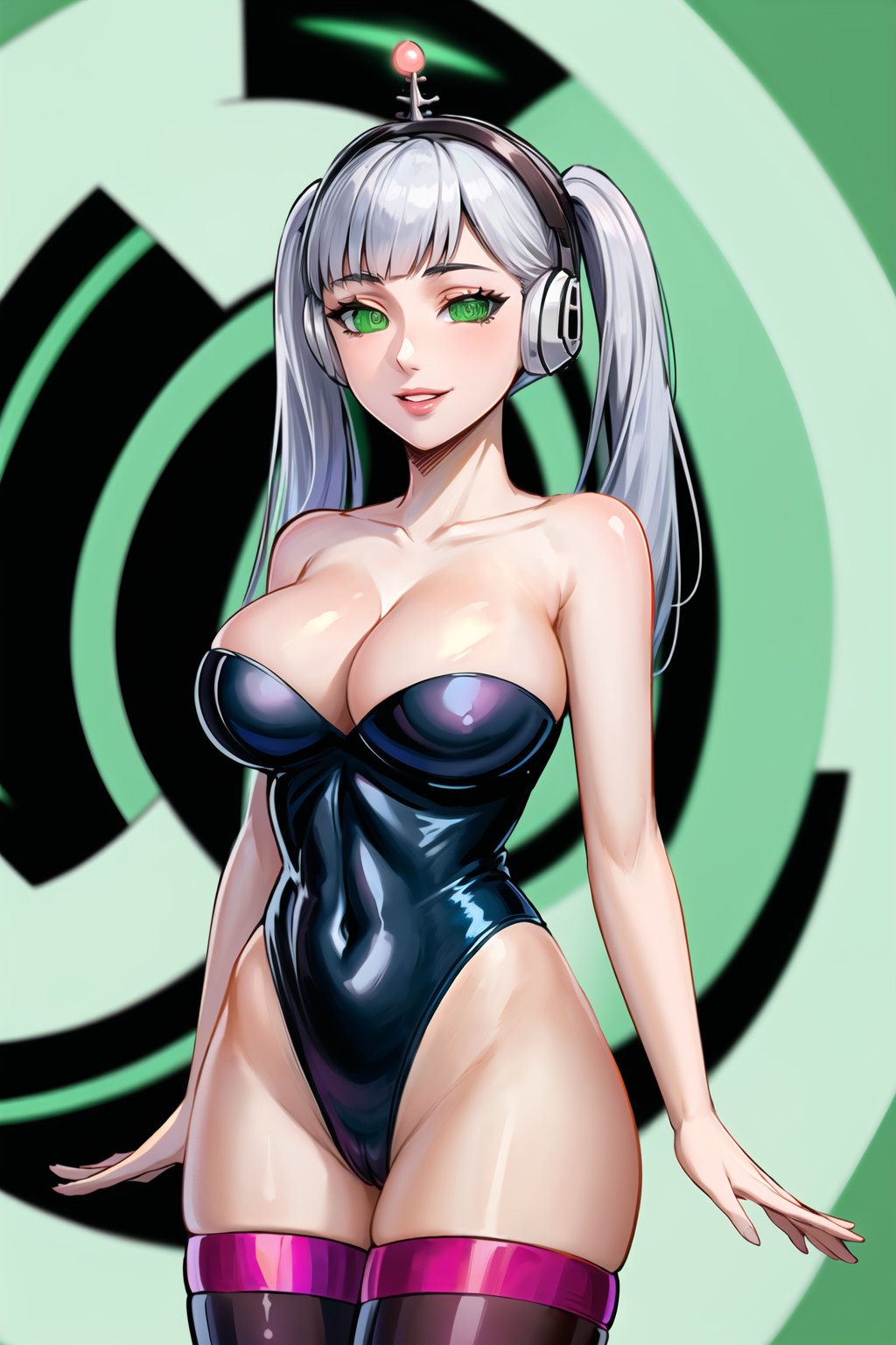 High detailed, cyberpunk, future, noelle_silva, twintails, silver hair, bang, smile, lips, ((latex)), ((fembot, headphone, @_@, green eyes, leotard, thighhighs, cleavage, bare shoulders)), large breasts, green background, spiral background, looking at viewer, (cowboy shot),