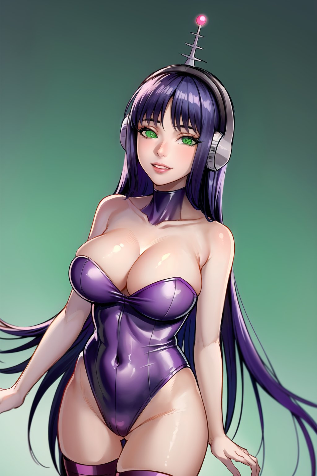 High detailed, cyberpunk, future, sumire kakei, long hair, purple hair, smile, lips, ((latex)), ((fembot, headphone, @_@, green eyes, leotard, thighhighs, cleavage, bare shoulders)), large breasts, green background, spiral background, looking at viewer, (cowboy shot),