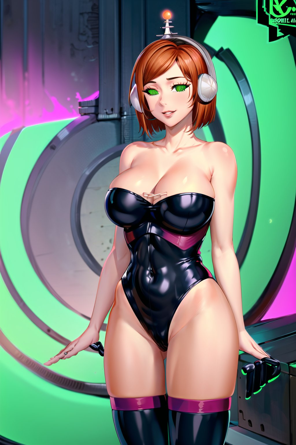 High detailed, cyberpunk, future, nobara kugisaki, brown hair, orange hair, , smile, lips, ((latex)), ((fembot, headphone, @_@, green eyes, leotard, thighhighs, cleavage, bare shoulders)), large breasts, green background, spiral background, looking at viewer, (cowboy shot),nobara kugisaki