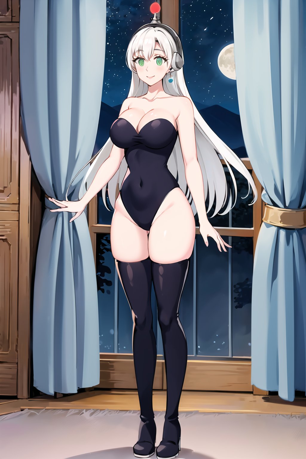 elizabeth, long hair, white hair, single earring, smile, fembot, ((headphone)), ((@_@)), green eyes, leotard, thighhighs, boots,cleavage, bare shoulders,window, 1girl,  night,solo, indoors, star \(sky\), large breasts,  moon, curtains, night sky, starry sky, looking at viewer, sky,  moonlight, standing, full moon, suit, cowboy shot, day,  blue sky,elizabeth