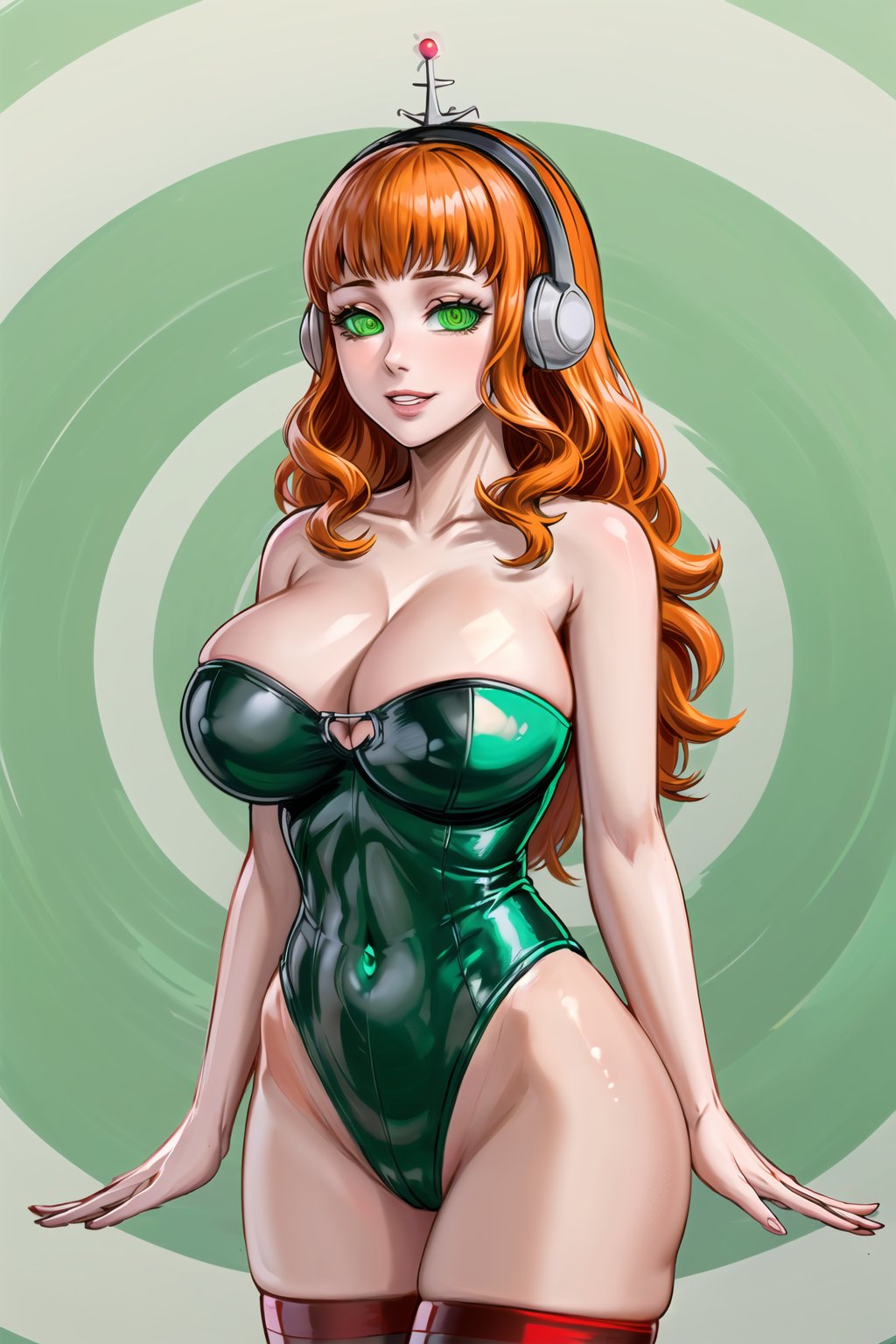 High detailed, cyberpunk, future, ,mimosa vermillion, orange hair, , smile, lips, ((latex)), ((fembot, headphone, @_@, green eyes, leotard, thighhighs, cleavage, bare shoulders)), large breasts, green background, spiral background, looking at viewer, (cowboy shot),