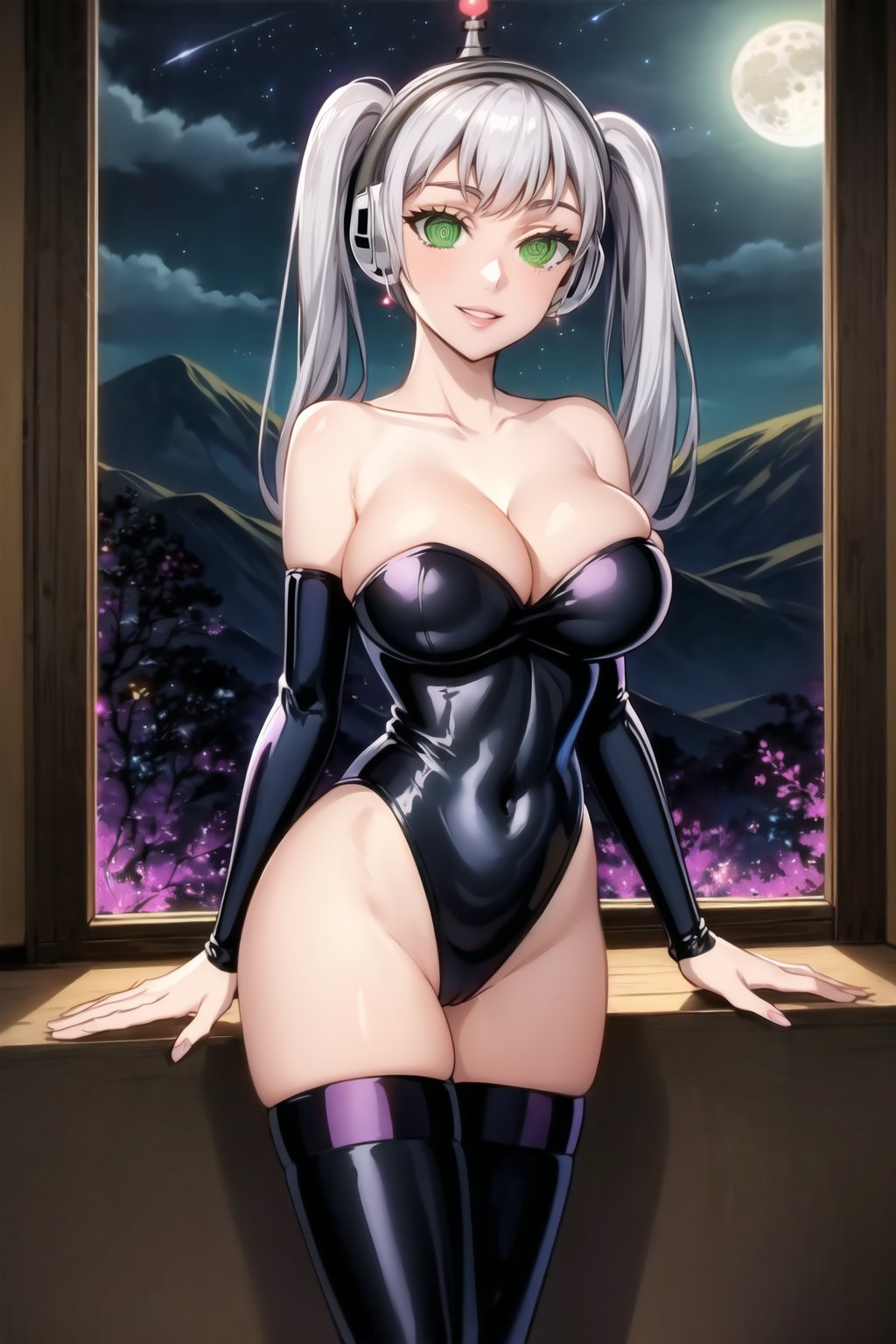 High detailed, cyberpunk, future, noelle_silva, twintails, silver hair, bang, earrings, jewlery, smile, lips, ((latex)), ((fembot, headphone, @_@, green eyes, leotard, thighhighs, boots,cleavage, bare shoulders)), window, 1girl,  night,solo,  star \(sky\), large breasts, night sky, starry sky, looking at viewer, sky,  moonlight, cowboy shot,