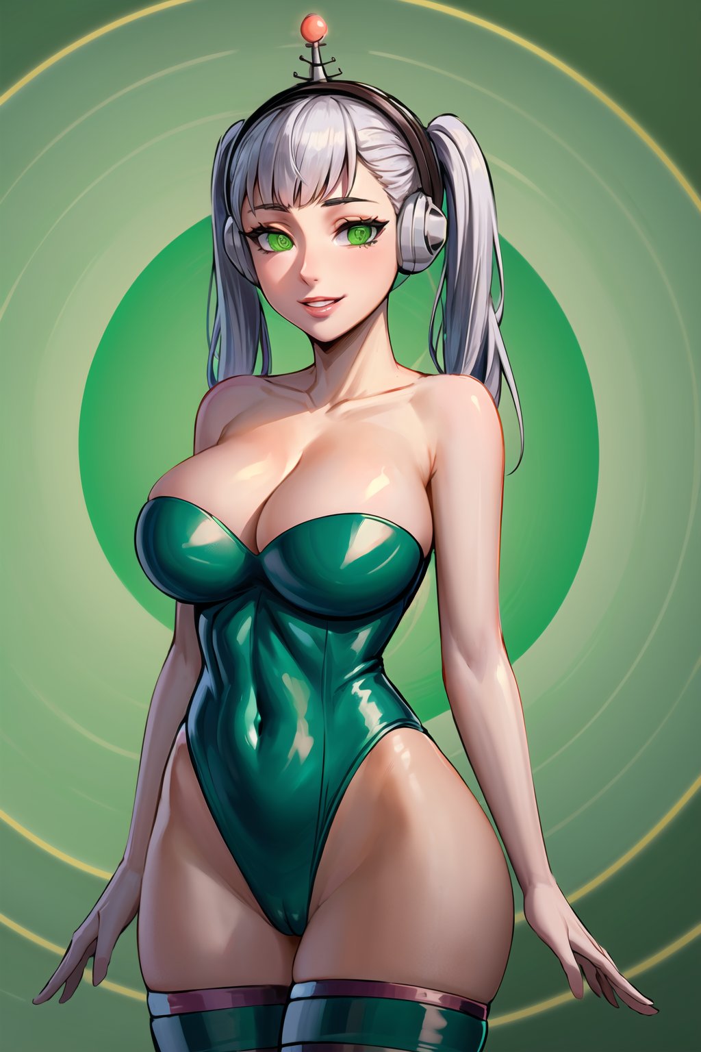 High detailed, cyberpunk, future, noelle_silva, twintails, silver hair, bang, smile, lips, ((latex)), ((fembot, headphone, @_@, green eyes, leotard, thighhighs, cleavage, bare shoulders)), large breasts, green background, spiral background, looking at viewer, (cowboy shot),