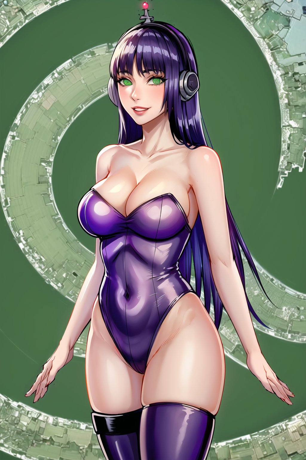 High detailed, cyberpunk, future, sumire kakei, long hair, purple hair, smile, lips, ((latex)), ((fembot, headphone, @_@, green eyes, leotard, thighhighs, cleavage, bare shoulders)), large breasts, green background, spiral background, looking at viewer, (cowboy shot),