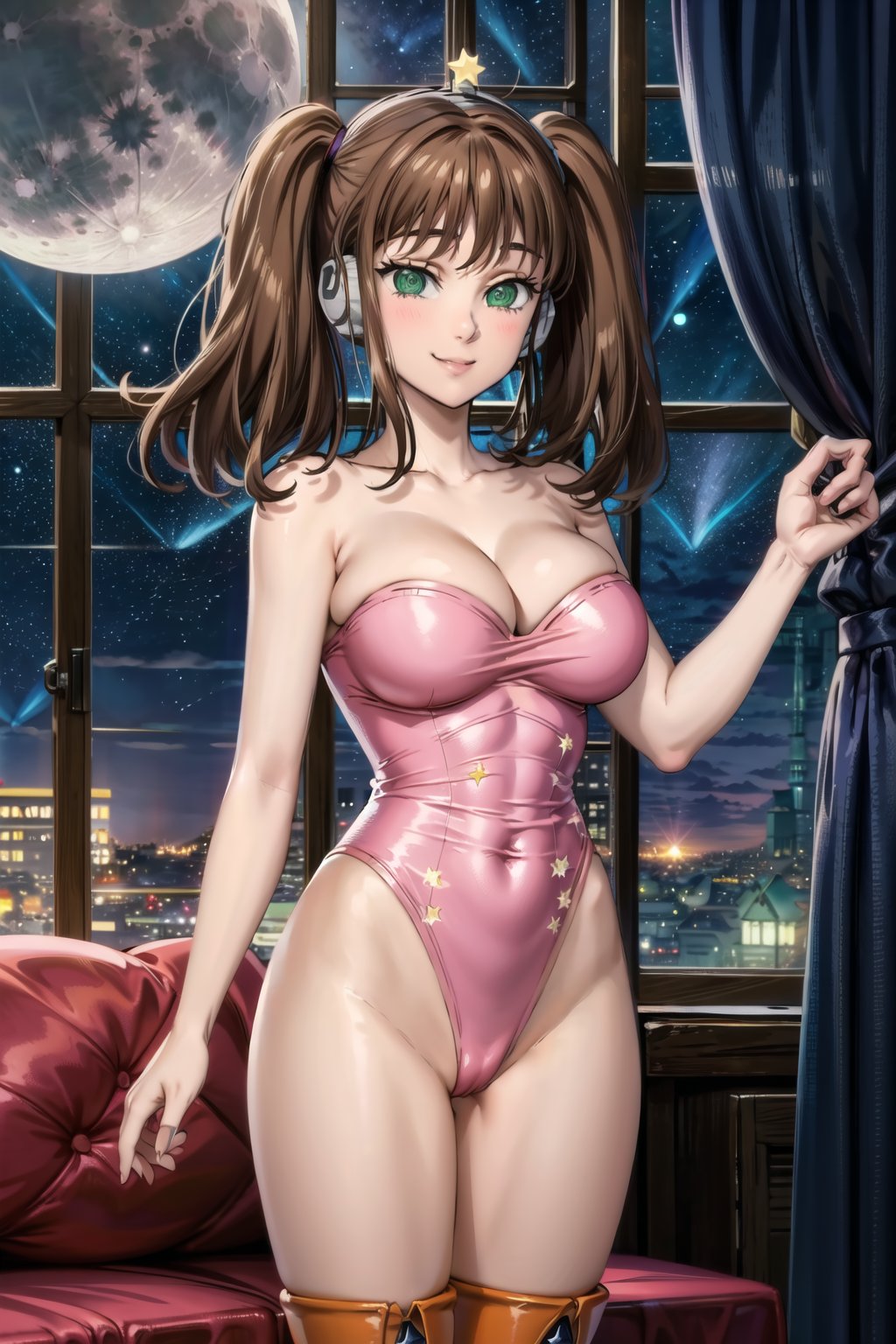 diane,, twintails, brown hair, smile, fembot, headphone, @_@, green eyes, leotard, thighhighs, boots,cleavage, bare shoulders,window, 1girl,  night,solo, indoors, star \(sky\), large breasts,  moon, curtains, night sky, starry sky, looking at viewer, sky,  moonlight, standing, full moon, suit, cowboy shot, day,  blue sky