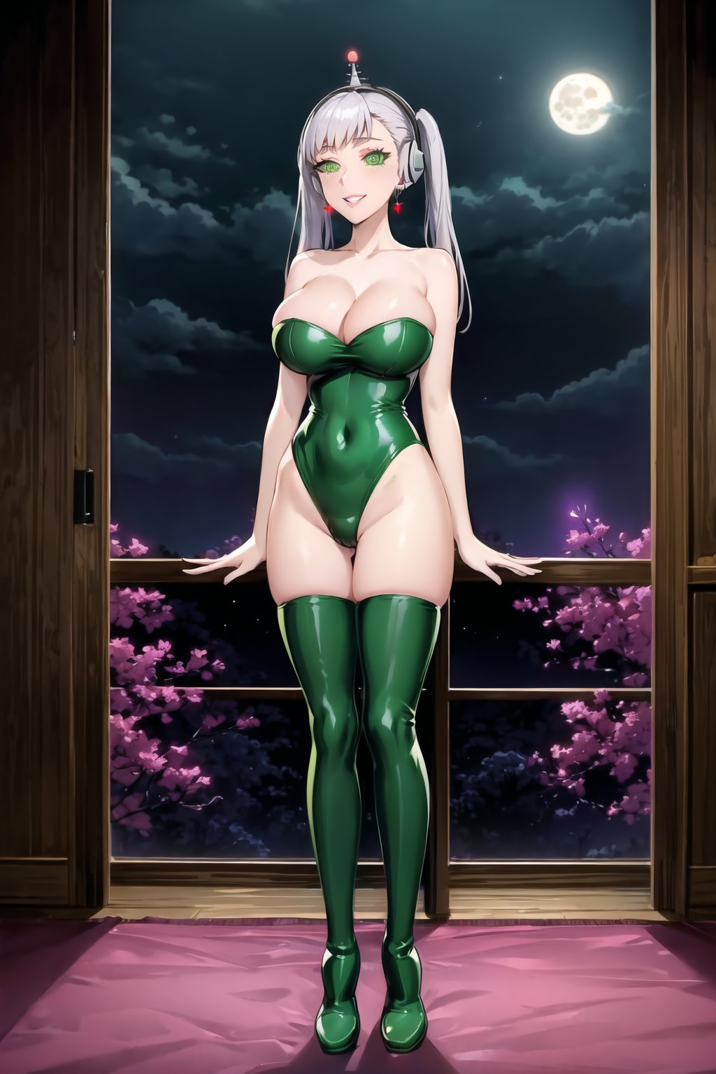 High detailed, cyberpunk, future, noelle_silva, twintails, silver hair, bang, earrings, jewlery, smile, lips, ((latex)), ((fembot, headphone, @_@, green eyes, leotard, thighhighs, boots,cleavage, bare shoulders)), window, 1girl,  night,solo,  star \(sky\), large breasts, night sky, starry sky, looking at viewer, sky,  moonlight, cowboy shot,