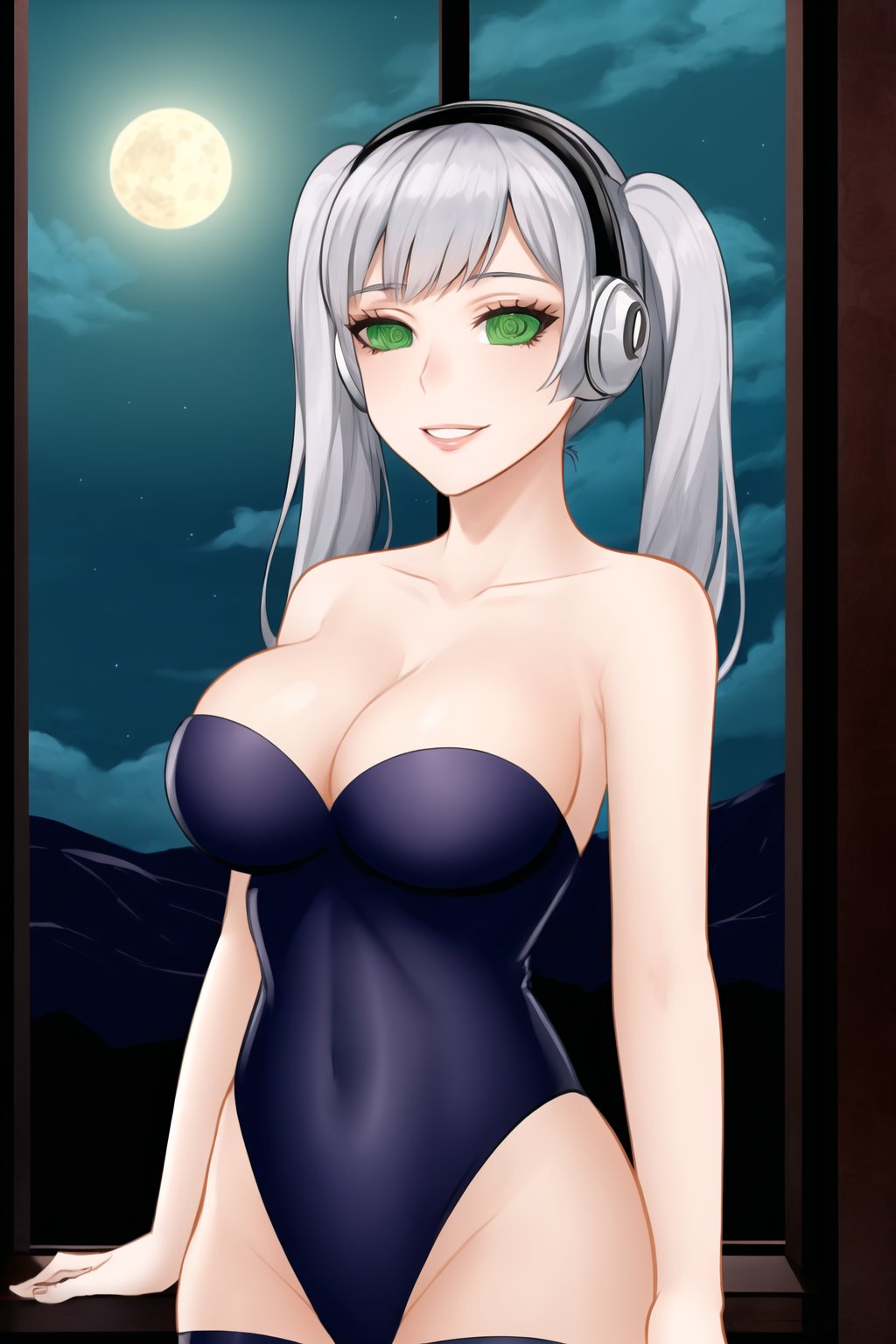 High detailed, cyberpunk, future, noelle_silva, twintails, silver hair, bang, smile, lips, ((latex)), ((fembot, headphone, @_@, green eyes, leotard, thighhighs, cleavage, bare shoulders)), window, 1girl,  night,solo,  star \(sky\), large breasts, night sky, starry sky, looking at viewer, sky,  moonlight, (cowboy shot),