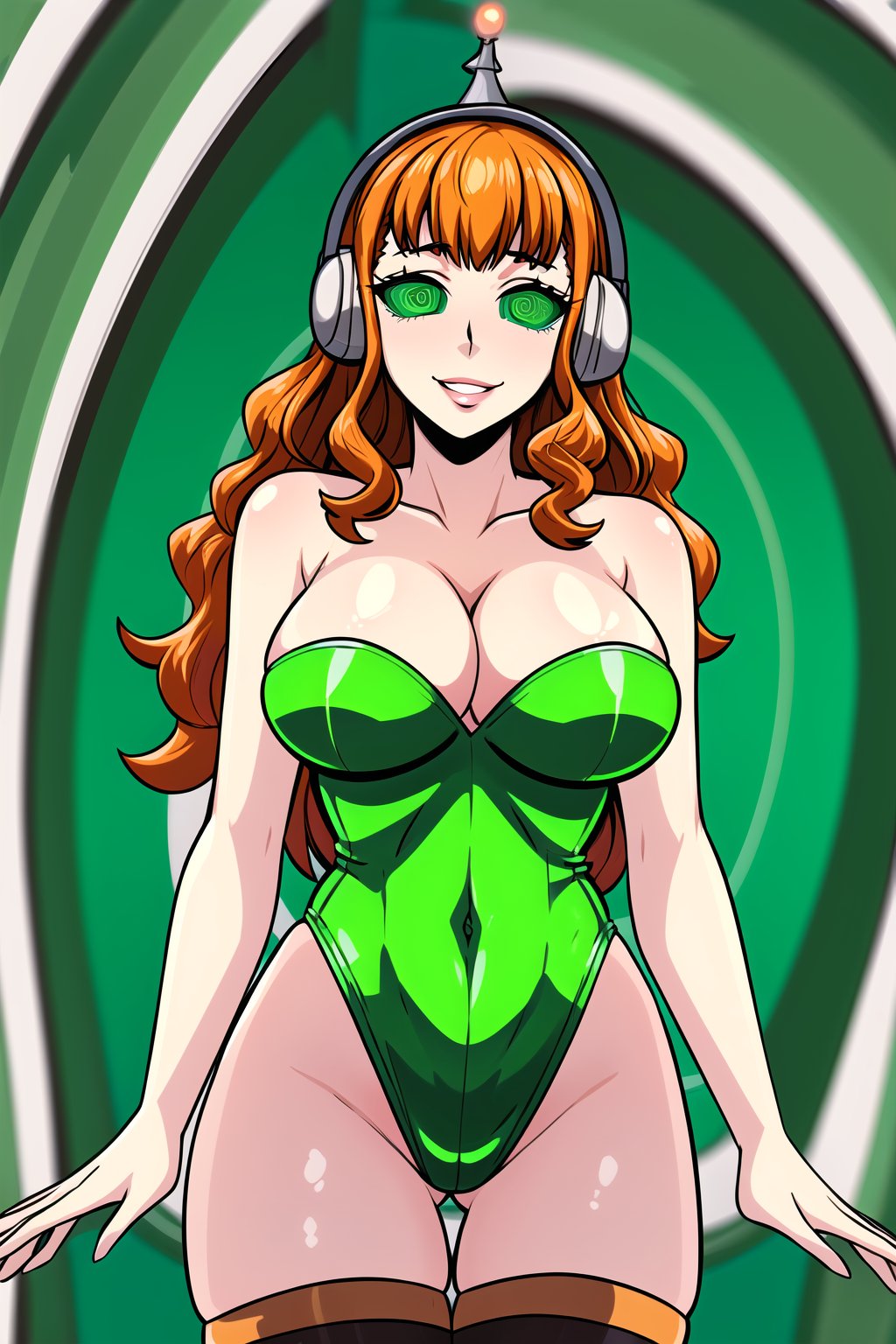 High detailed, cyberpunk, future, ,mimosa vermillion, orange hair, , smile, lips, ((latex)), ((fembot, headphone, @_@, green eyes, leotard, thighhighs, cleavage, bare shoulders)), large breasts, green background, spiral background, looking at viewer, (cowboy shot),SPIRALWASH EYES