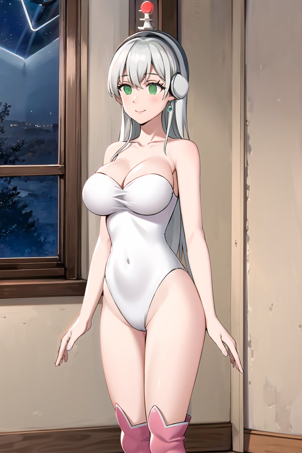 elizabeth, long hair, white hair, single earring, smile, fembot, ((headphone)), ((@_@)), green eyes, leotard, thighhighs, boots,cleavage, bare shoulders,window, 1girl,  night,solo, indoors, star \(sky\), large breasts,  moon, curtains, night sky, starry sky, looking at viewer, sky,  moonlight, standing, full moon, suit, cowboy shot, day,  blue sky,elizabeth