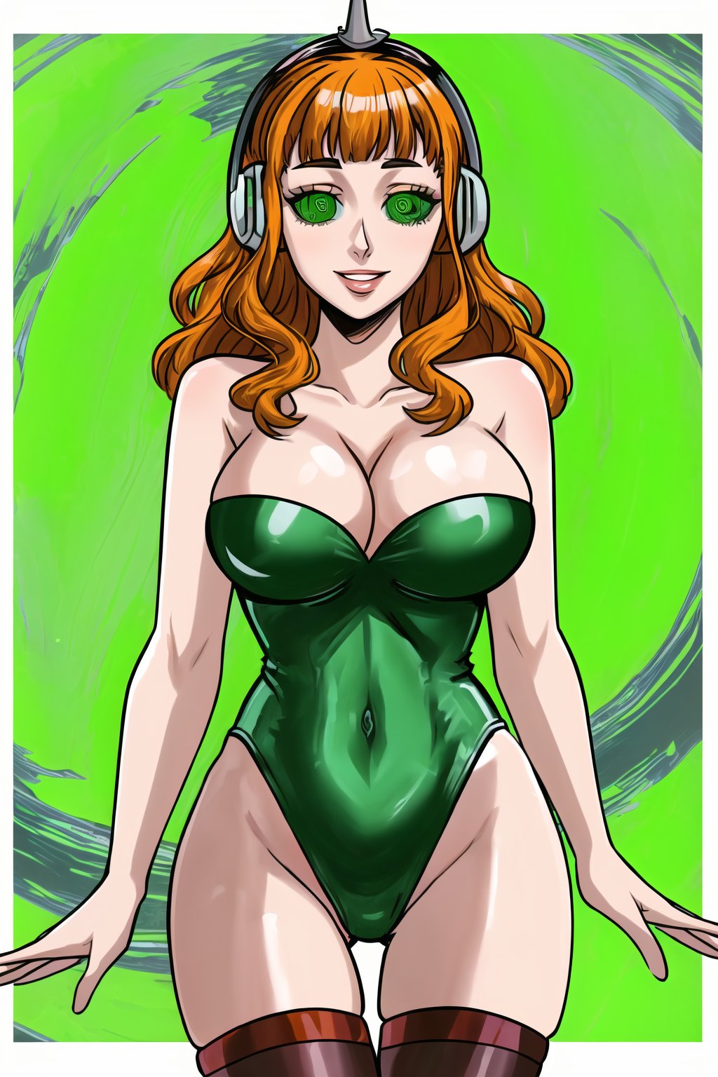 High detailed, cyberpunk, future, ,mimosa vermillion, orange hair, , smile, lips, ((latex)), ((fembot, headphone, @_@, green eyes, leotard, thighhighs, cleavage, bare shoulders)), large breasts, green background, spiral background, looking at viewer, (cowboy shot),