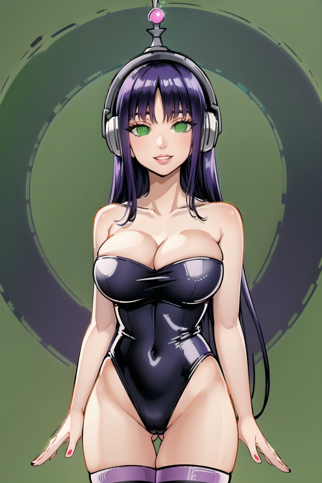 High detailed, cyberpunk, future, sumire kakei, long hair, purple hair, smile, lips, ((latex)), ((fembot, headphone, @_@, green eyes, leotard, thighhighs, cleavage, bare shoulders)), large breasts, green background, spiral background, looking at viewer, (cowboy shot),