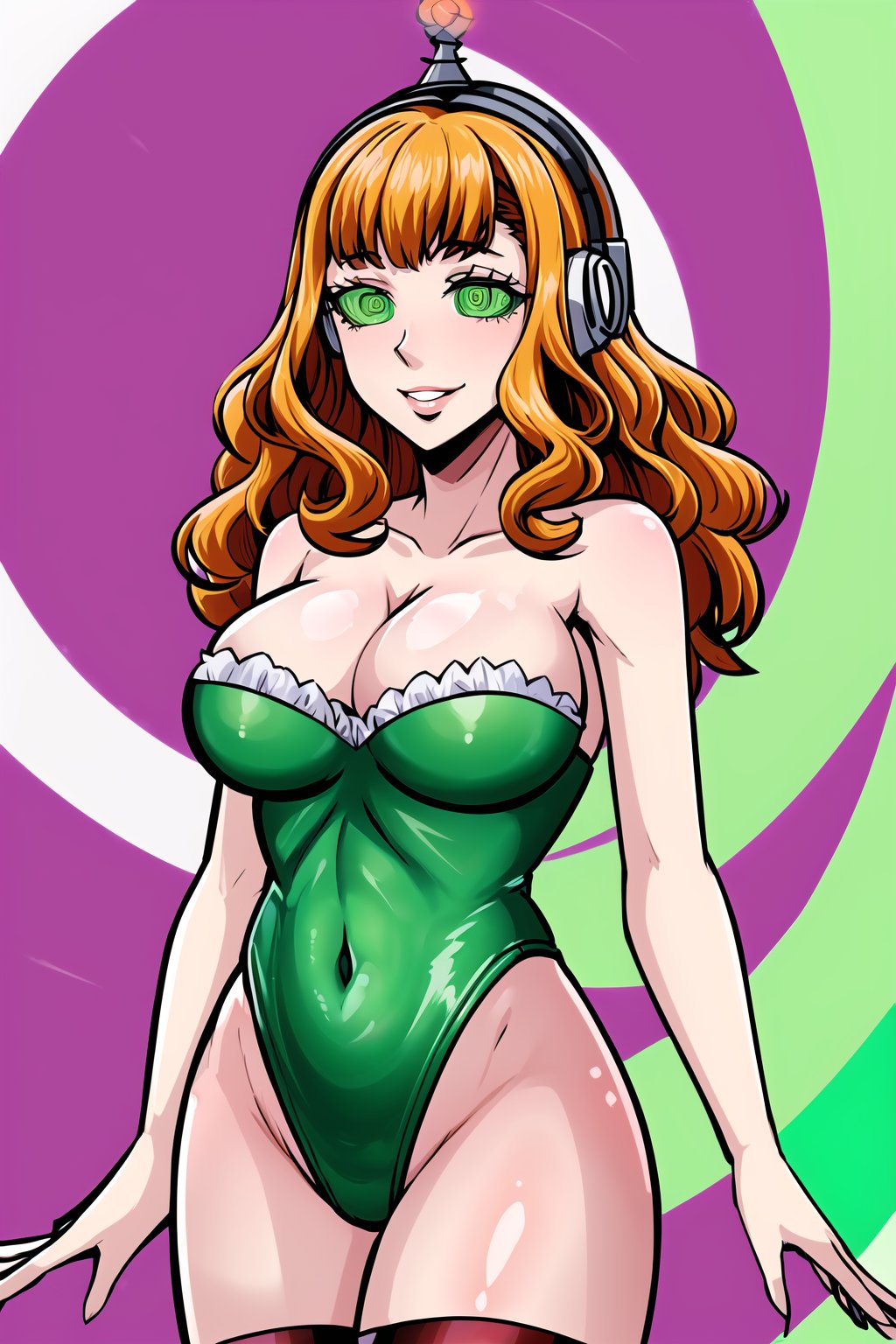 High detailed, cyberpunk, future, ,mimosa vermillion, orange hair, , smile, lips, ((latex)), ((fembot, headphone, @_@, green eyes, leotard, thighhighs, cleavage, bare shoulders)), large breasts, ((green background, spiral background,simple background)), looking at viewer, (cowboy shot),SPIRALWASH EYES