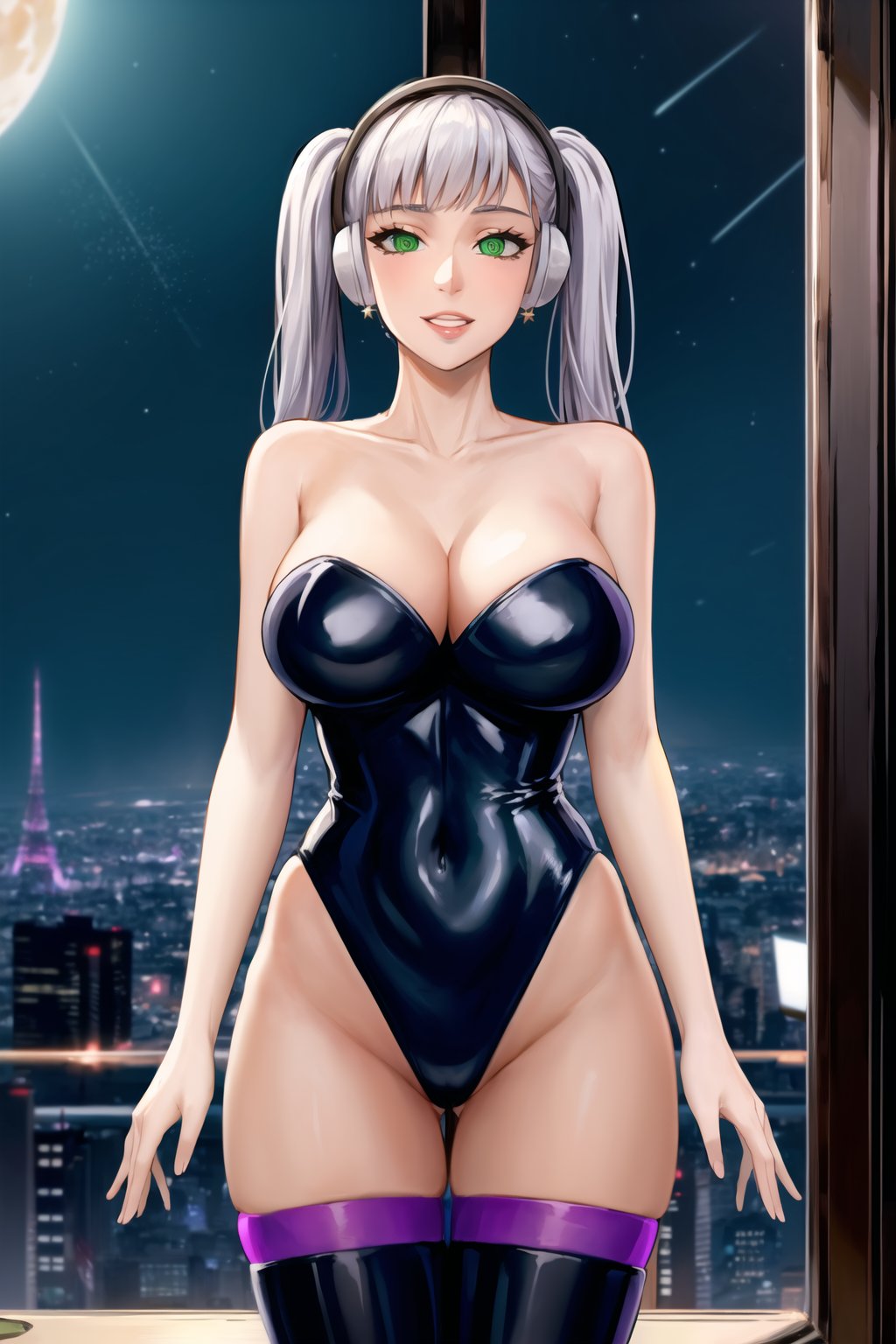 High detailed, cyberpunk, future, noelle_silva, twintails, silver hair, bang, earrings, jewlery, smile, lips, ((latex)), ((fembot, headphone, @_@, green eyes, leotard, thighhighs, cleavage, bare shoulders)), window, 1girl,  night,solo,  star \(sky\), large breasts, night sky, starry sky, looking at viewer, sky,  moonlight, (cowboy shot),