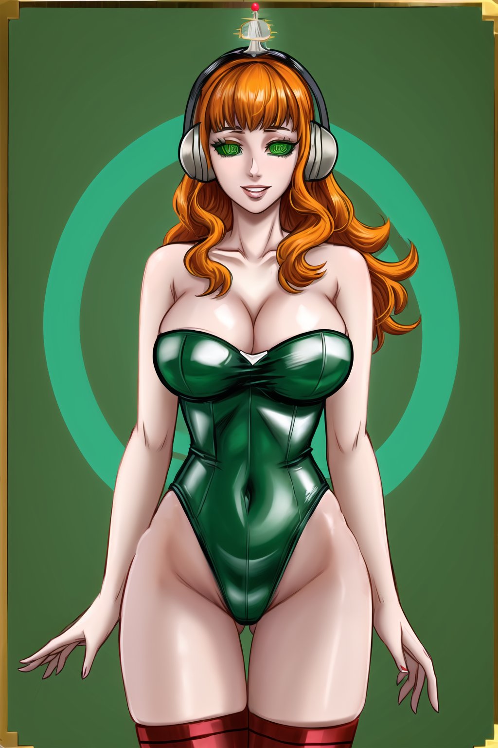 High detailed, cyberpunk, future, ,mimosa vermillion, orange hair, , smile, lips, ((latex)), ((fembot, headphone, @_@, green eyes, leotard, thighhighs, cleavage, bare shoulders)), large breasts, green background, spiral background, looking at viewer, (cowboy shot),