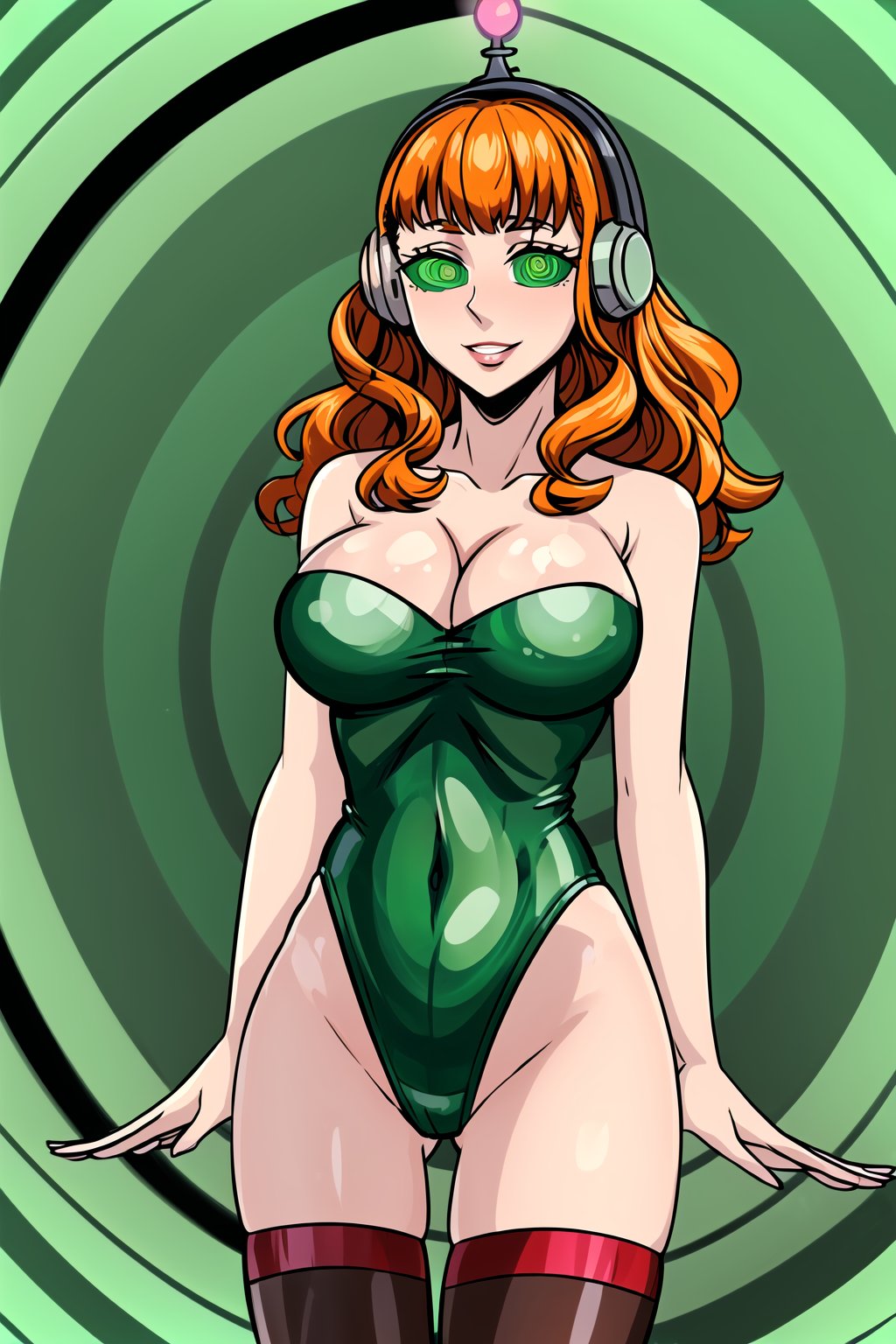 High detailed, cyberpunk, future, ,mimosa vermillion, orange hair, , smile, lips, ((latex)), ((fembot, headphone, @_@, green eyes, leotard, thighhighs, cleavage, bare shoulders)), large breasts, ((green background, spiral background,simple background)), looking at viewer, (cowboy shot),SPIRALWASH EYES