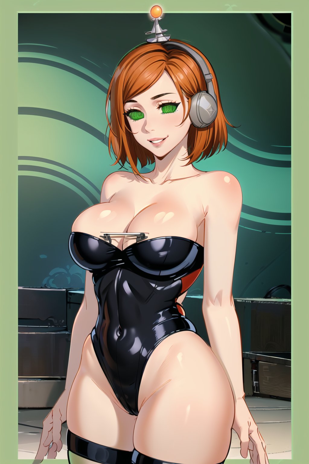 High detailed, cyberpunk, future, nobara kugisaki, brown hair, orange hair, , smile, lips, ((latex)), ((fembot, headphone, @_@, green eyes, leotard, thighhighs, cleavage, bare shoulders)), large breasts, green background, spiral background, looking at viewer, (cowboy shot),