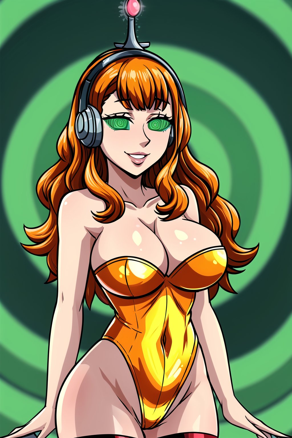 High detailed, cyberpunk, future, ,mimosa vermillion, orange hair, , smile, lips, ((latex)), ((fembot, headphone, @_@, green eyes, leotard, thighhighs, cleavage, bare shoulders)), large breasts, green background, spiral background, looking at viewer, (cowboy shot),SPIRALWASH EYES