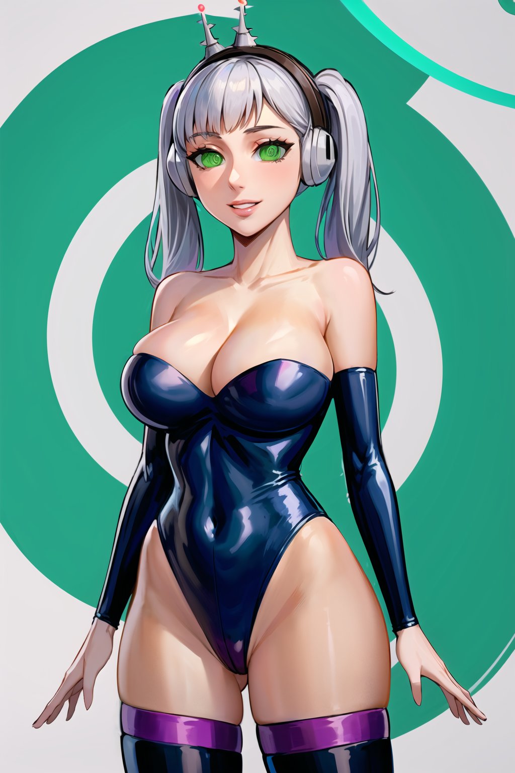 High detailed, cyberpunk, future, noelle_silva, twintails, silver hair, bang, smile, lips, ((latex)), ((fembot, headphone, @_@, green eyes, leotard, thighhighs, cleavage, bare shoulders)), large breasts, green background, spiral background, looking at viewer, (cowboy shot),