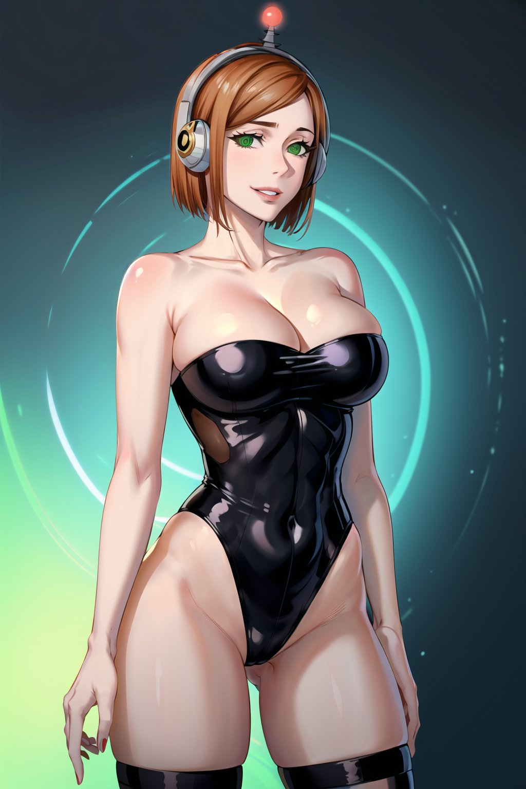 High detailed, cyberpunk, future, nobara kugisaki, brown hair, orange hair, , smile, lips, ((latex)), ((fembot, headphone, @_@, green eyes, leotard, thighhighs, cleavage, bare shoulders)), large breasts, green background, spiral background, looking at viewer, (cowboy shot),nobara kugisaki,brown eyes,jujutsu kaisen