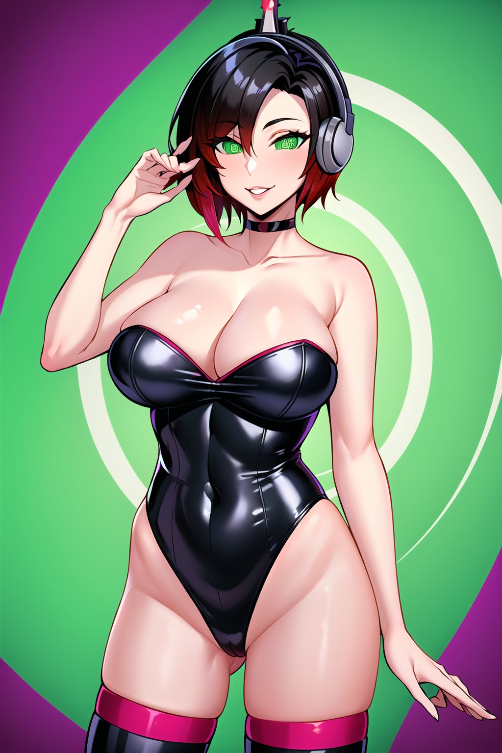 High detailed, cyberpunk, future, ((ruby rose)), smile, lips, ((latex)), ((fembot, headphone, @_@, green eyes, leotard, thighhighs, cleavage, bare shoulders)), large breasts, green background, spiral background, looking at viewer, (cowboy shot),SPIRALWASH EYES,ruby rose