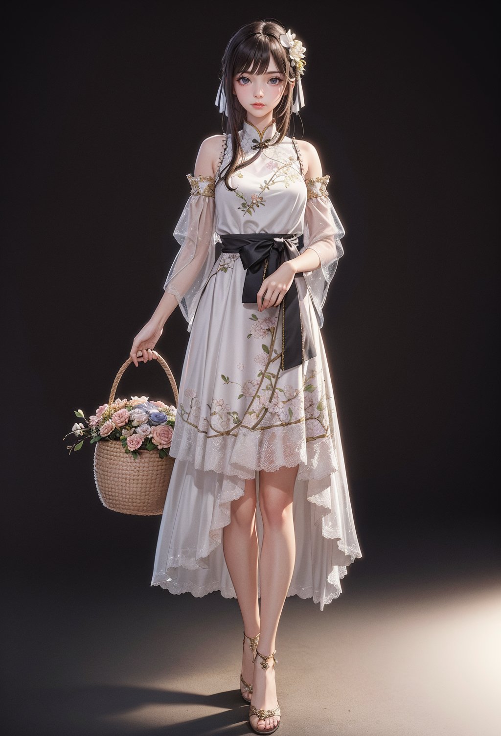 1girl,basket,solo,brown hair,long hair,flower,hair ornament,full body,hair flower,holding basket,standing,dress,holding,grey background,chinese clothes,shadow,looking at viewer,jewelry,  (extremely detailed CG unity 8k wallpaper),(((masterpiece))),(((best quality))),((ultra-detailed)),(best illustration),(best shadow), <lora:sur Mix_20240223010857:0.3>