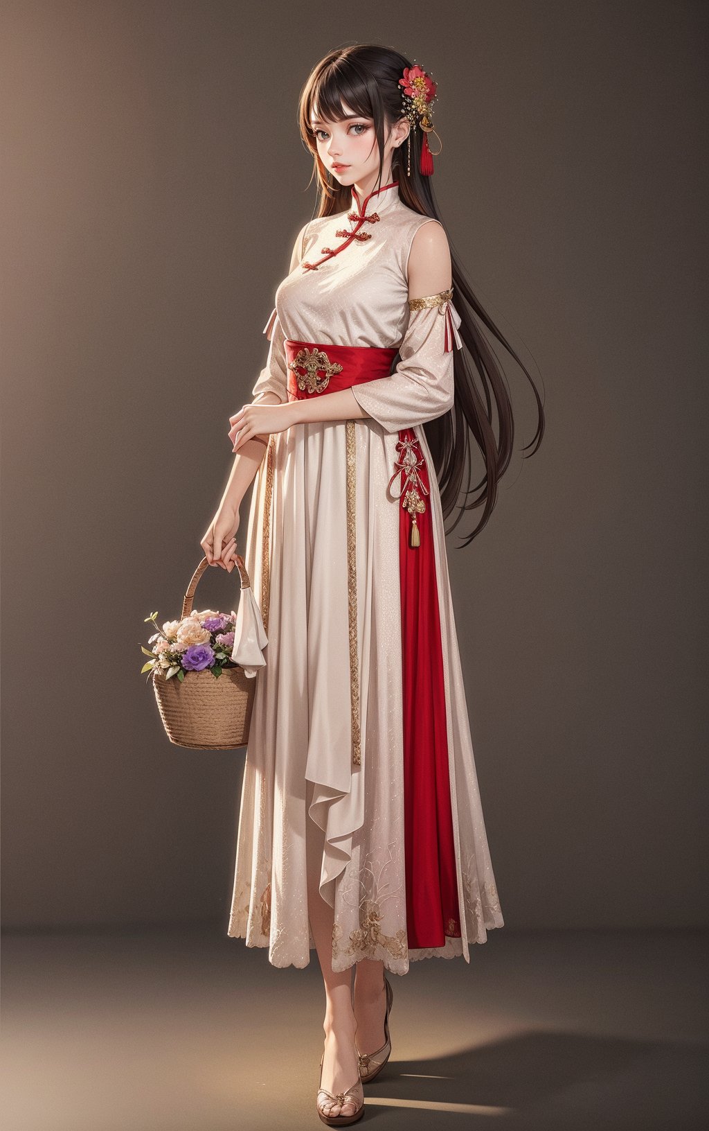 1girl,basket,solo,brown hair,long hair,flower,hair ornament,full body,hair flower,holding basket,standing,dress,holding,grey background,chinese clothes,shadow,looking at viewer,jewelry,  (extremely detailed CG unity 8k wallpaper),(((masterpiece))),(((best quality))),((ultra-detailed)),(best illustration),(best shadow), <lora:sur Mix_20240223010857:0.3>