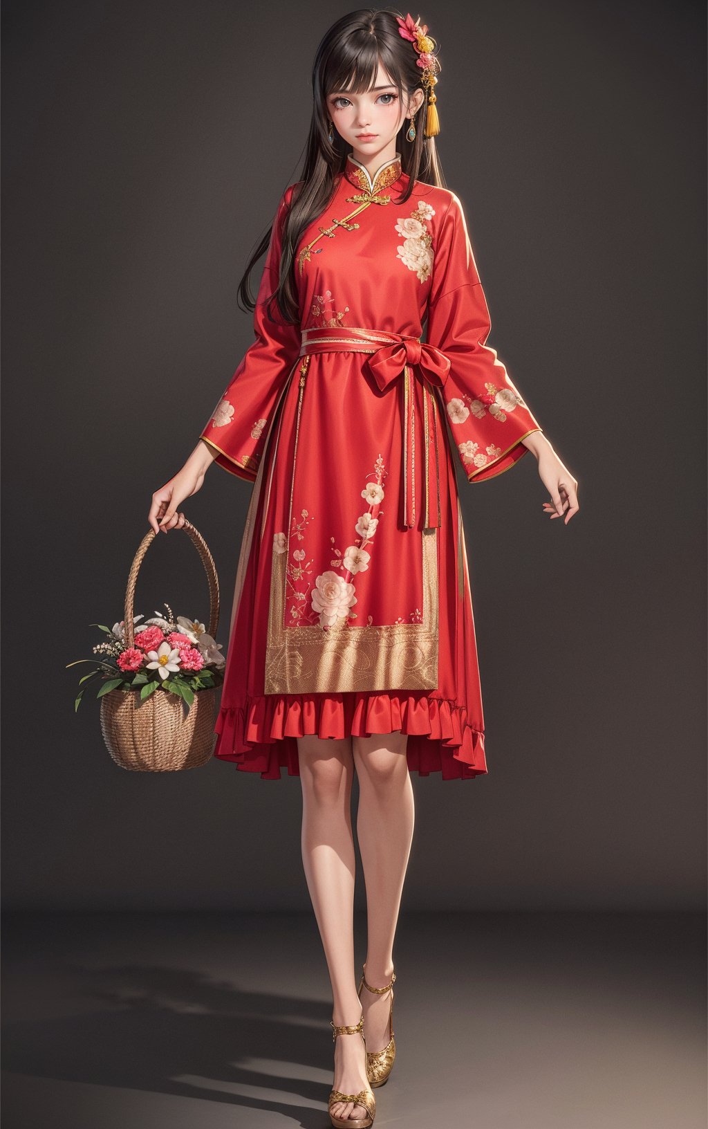 1girl,basket,solo,brown hair,long hair,flower,hair ornament,full body,hair flower,holding basket,standing,dress,holding,grey background,chinese clothes,shadow,looking at viewer,jewelry,  (extremely detailed CG unity 8k wallpaper),(((masterpiece))),(((best quality))),((ultra-detailed)),(best illustration),(best shadow), <lora:sur Mix_20240223010857:0.3>