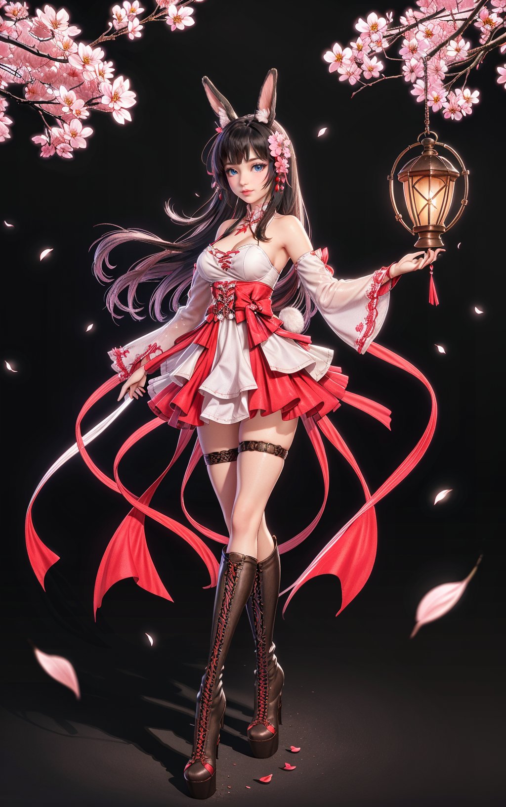 1girl,animal ears,solo,boots,long hair,knee boots,detached sleeves,hair ornament,rabbit ears,petals,blue eyes,black hair,full body,thigh strap,bare shoulders,skirt,cross-laced footwear,breasts,brown hair,lantern,flower,lace-up boots,standing,cherry blossoms, <lora:sur Mix_20240223010857:0.6>