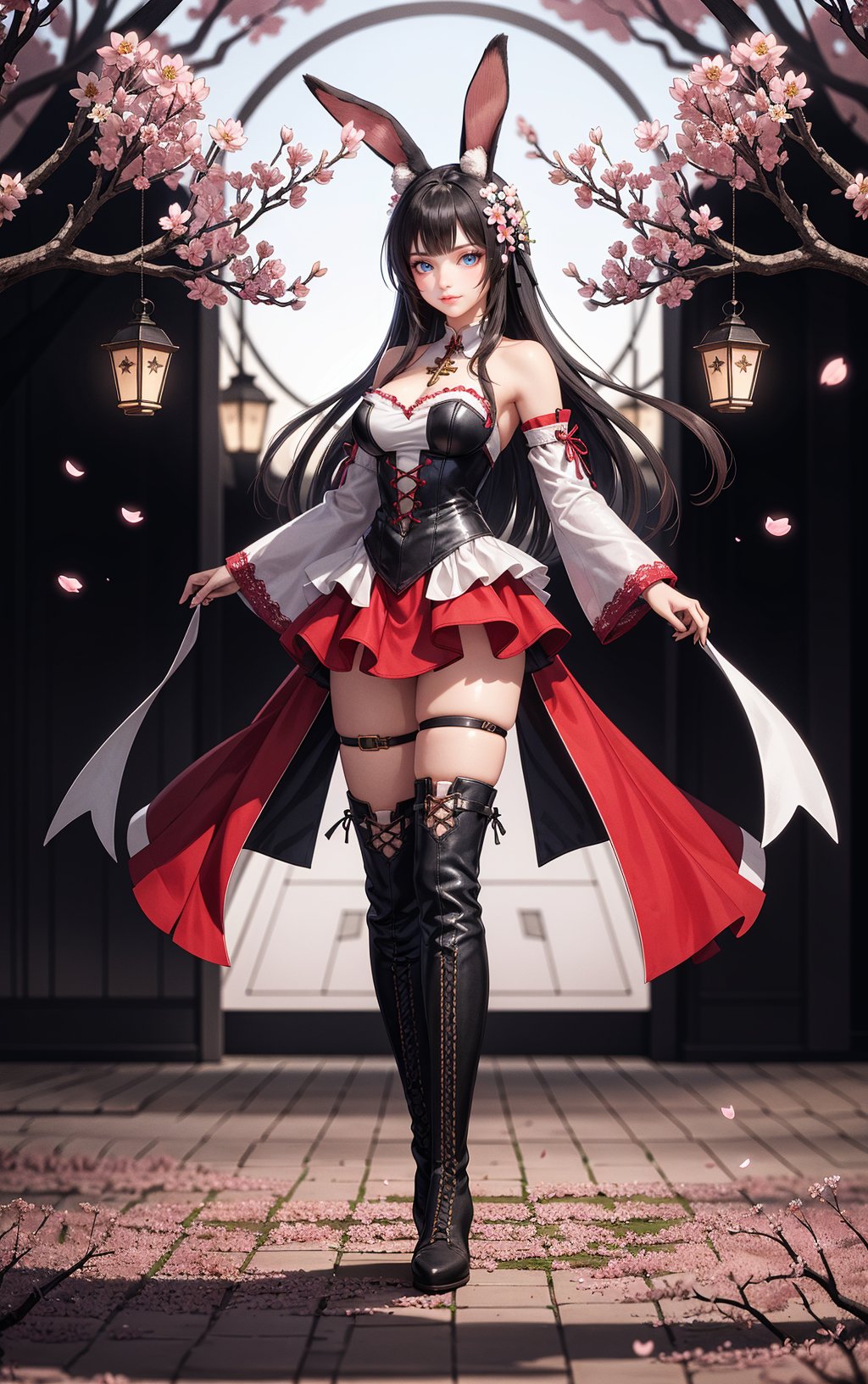 1girl,animal ears,solo,boots,long hair,knee boots,detached sleeves,hair ornament,rabbit ears,petals,blue eyes,black hair,full body,thigh strap,bare shoulders,skirt,cross-laced footwear,breasts,brown hair,lantern,flower,lace-up boots,standing,cherry blossoms, <lora:sur Mix_20240223010857:0.3>