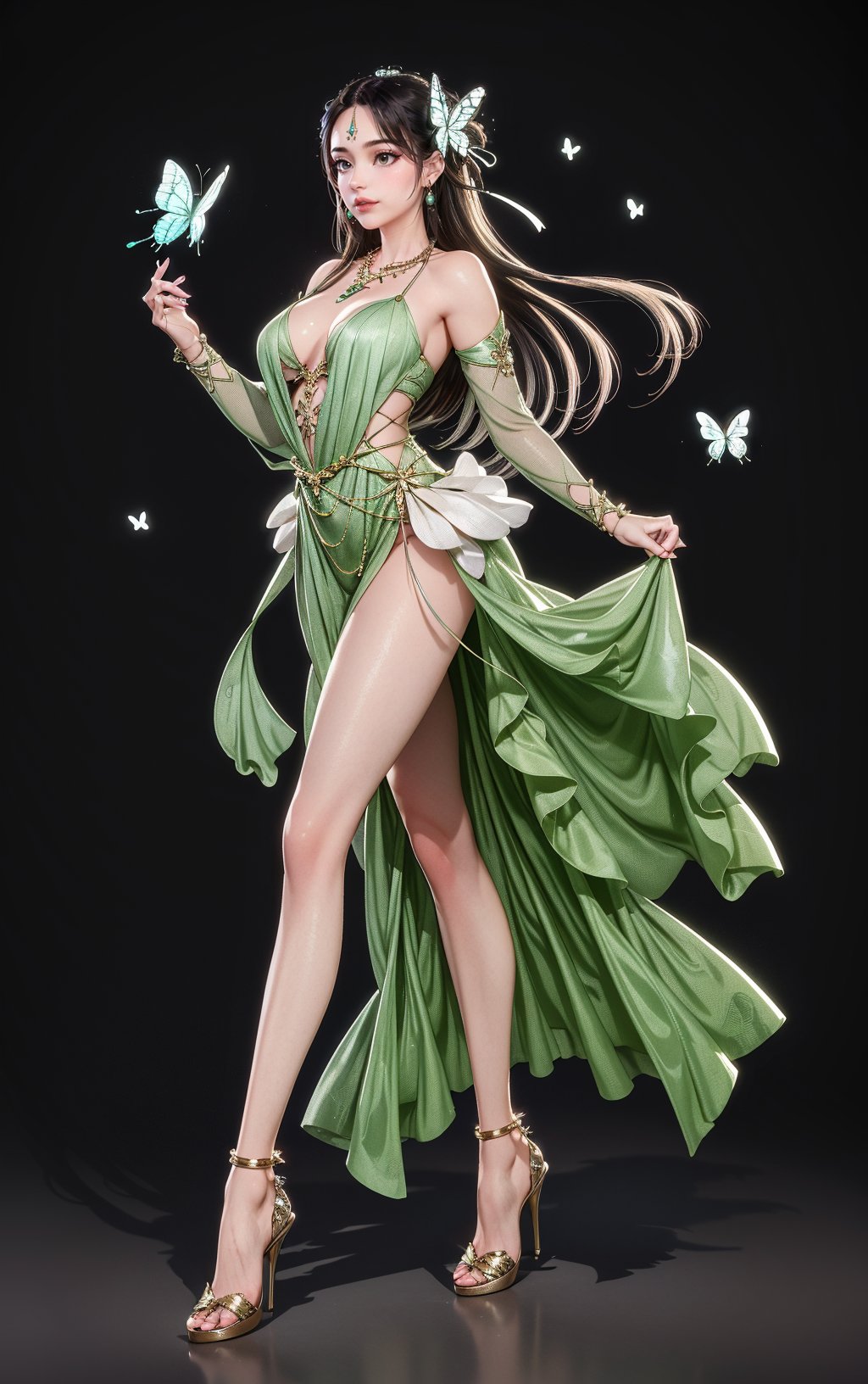 1girl,butterfly,bug,long hair,dress,green dress,hair ornament,solo,high heels,full body,bare legs,brown hair,black hair,jewelry,forehead mark,necklace,grey background, <lora:sur Mix_20240223010857-000016:0.6>