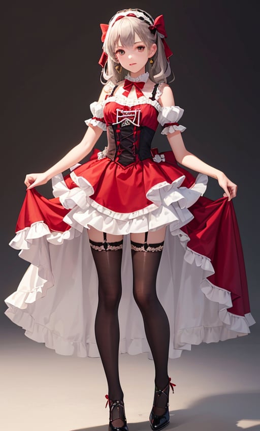 1girl,bow,dress,grey background,red bow,full body,frills,simple background,solo,thighhighs,ribbon,frilled dress,hair bow,red dress,, (extremely detailed CG unity 8k wallpaper),(((masterpiece))),(((best quality))),((ultra-detailed)),(best illustration),(best shadow),