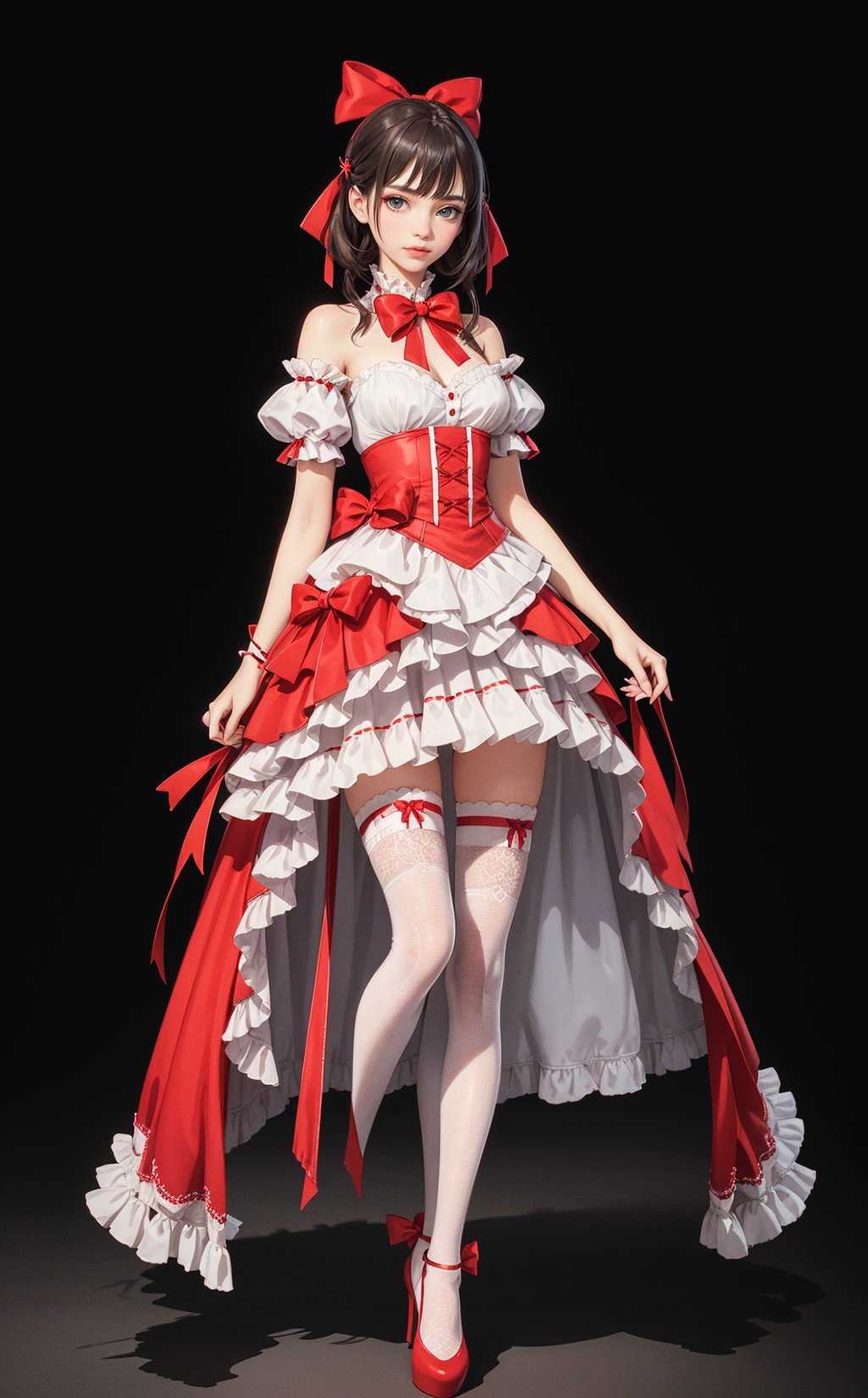 1girl,bow,dress,grey background,red bow,full body,frills,simple background,solo,thighhighs,ribbon,frilled dress,hair bow,red dress,, (extremely detailed CG unity 8k wallpaper),(((masterpiece))),(((best quality))),((ultra-detailed)),(best illustration),(best shadow), <lora:sur Mix_20240223010857:0.3>