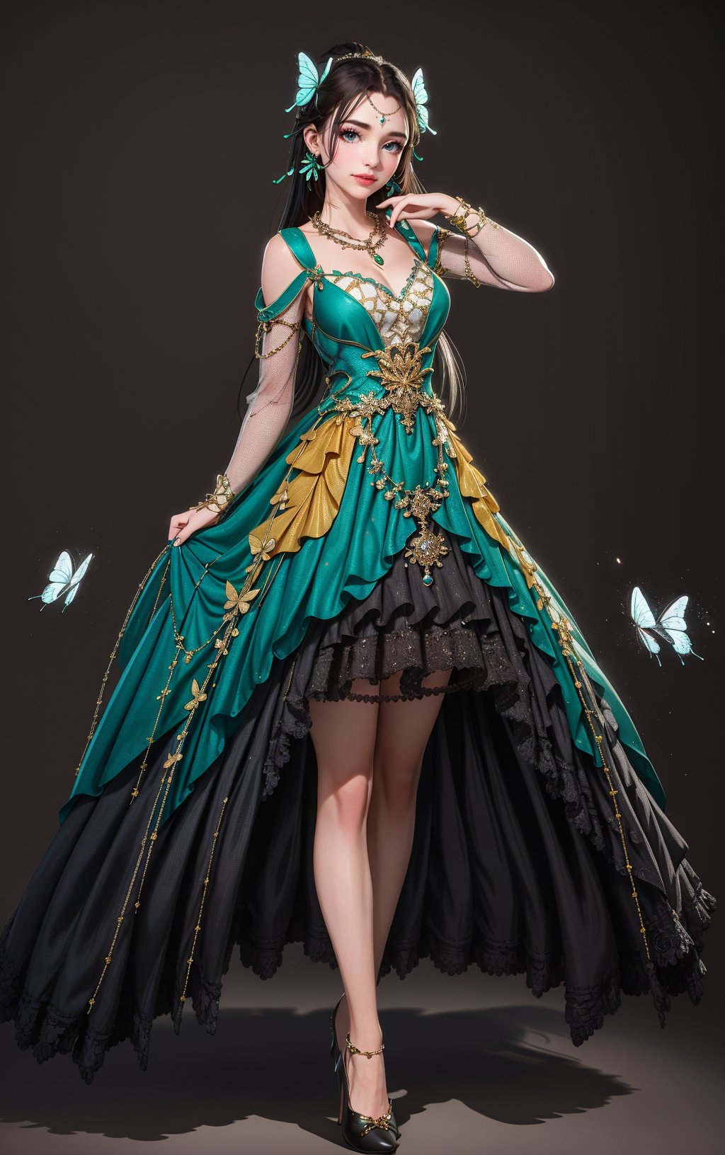 1girl,butterfly,bug,long hair,dress,green dress,hair ornament,solo,high heels,full body,bare legs,brown hair,black hair,jewelry,forehead mark,necklace,grey background, <lora:sur Mix_20240223010857-000016:0.6>