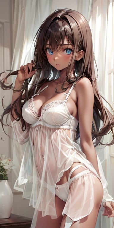 1girl solo long hair breasts brown hair medium breasts underwear panties dark skin white panties see-through lingerie lace...