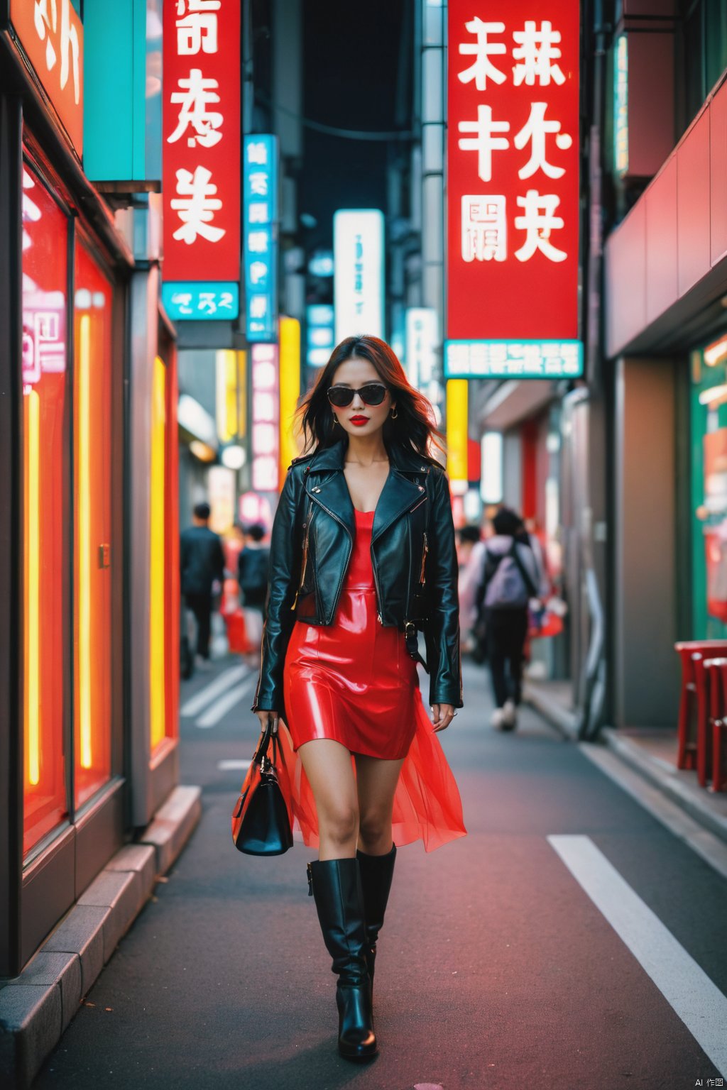  stylish woman walks down a Tokyo street filled with warm glowing neon and animated city signage. She wears a black leather jacket, a long red dress, and black boots, and carries a black purse. She wears sunglasses and red lipstick. She walks confidently and casually. The street is damp and reflective, creating a mirror effect of the colorful lights. Many pedestrians walk about., Sharp background