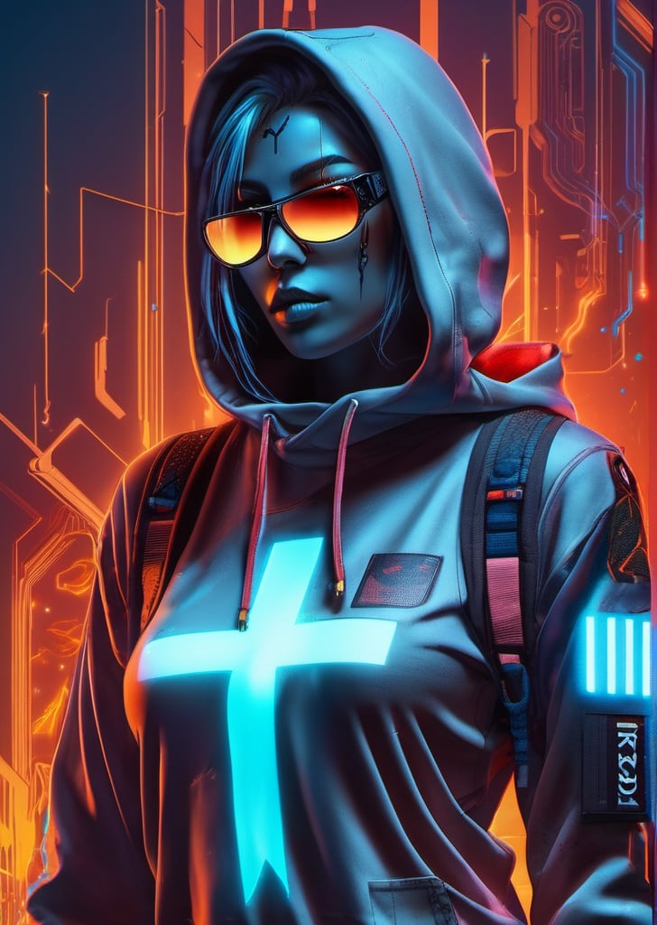 cyberpunk, sunglass,The long scar on the forehead is formed by a straight line drawn across many x marks, monkey skull, full detail body female, smily,smoking, detail nike jordan sneakers shoes, fashion, squat,ceramics, shoes, hoodie , croptop, logo,12k, water effect, blueoragenred, cinematic, minimalism fantastic background, ghost blade art style, fantastic, digital art, high detail, high detail skin, real skin, 8k, high_resolution, high quality, line code with glowing ancient characters, hdr:1.5, sharpness,