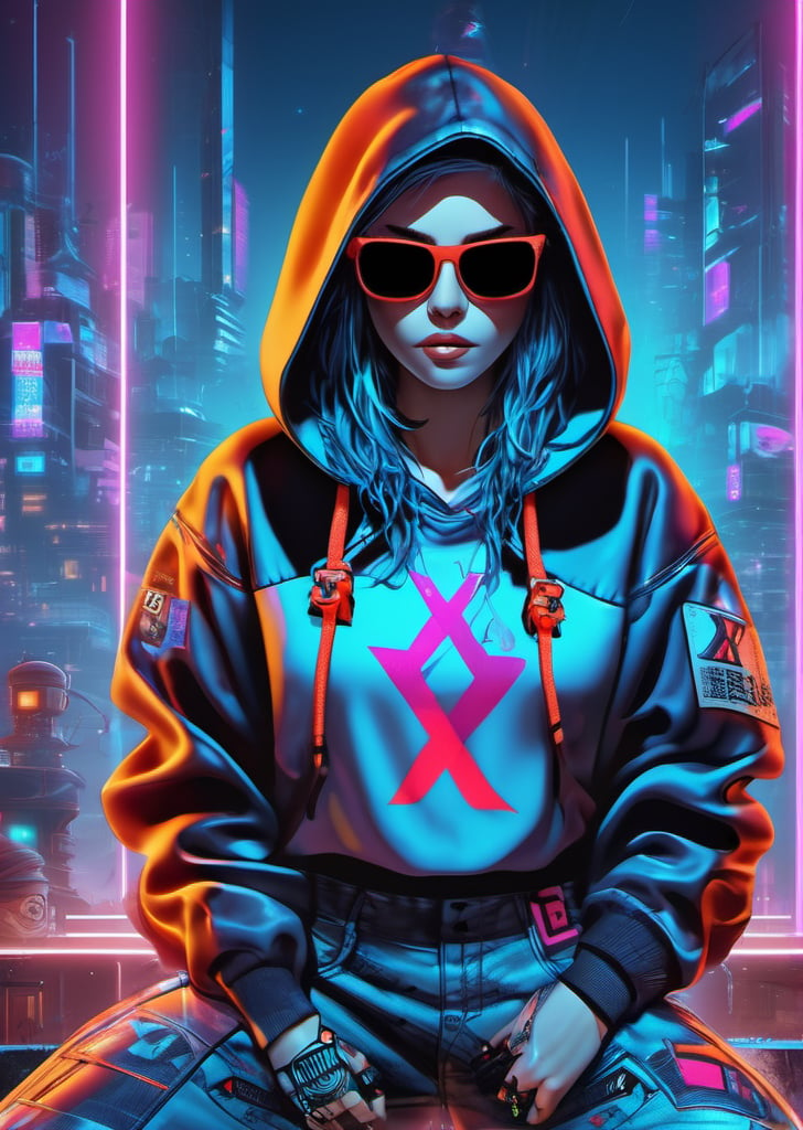 cyberpunk, sunglass,The long scar on the forehead is formed by a straight line drawn across many x marks, monkey skull, full detail body female, smily,smoking, detail nike jordan sneakers shoes, fashion, squat,ceramics, shoes, hoodie , croptop, logo,12k, water effect, blueoragenred, cinematic, minimalism fantastic background, ghost blade art style, fantastic, digital art, high detail, high detail skin, real skin, 8k, high_resolution, high quality, line code with glowing ancient characters, hdr:1.5, sharpness,