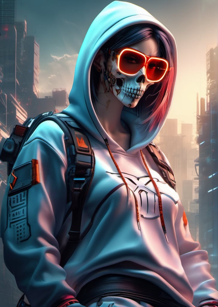 cyberpunk, sunglass,The long scar on the forehead is formed by a straight line drawn across many x marks, monkey skull, full detail body female, smily,smoking, detail nike jordan sneakers shoes, fashion, squat,ceramics, shoes, hoodie , croptop, logo,12k, water effect, blueoragenred, cinematic, minimalism fantastic background, ghost blade art style, fantastic, digital art, high detail, high detail skin, real skin, 8k, high_resolution, high quality, line code with glowing ancient characters, hdr:1.5, sharpness,