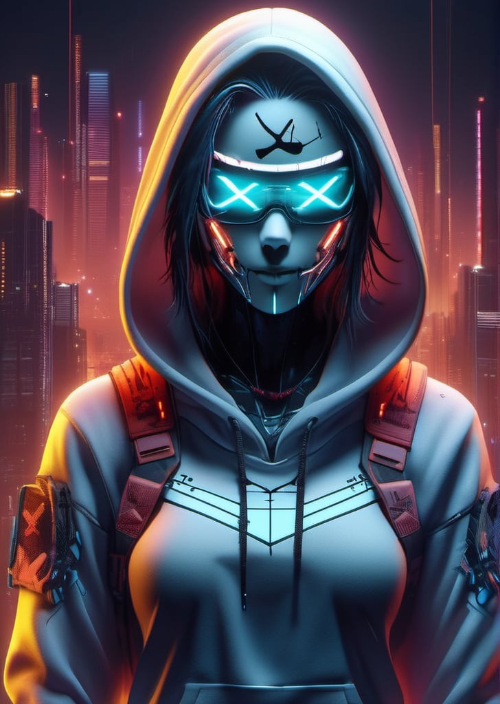 cyberpunk, sunglass,The long scar on the forehead is formed by a straight line drawn across many x marks, monkey skull, full detail body female, smily,smoking, detail nike jordan sneakers shoes, fashion, squat,ceramics, shoes, hoodie, croptop, logo,12k, water effect, blueoragenred, cinematic, minimalism fantastic background, ghost blade art style, fantastic, digital art, high detail, high detail skin, real skin, 8k, high_resolution, high quality, line code with glowing ancient characters, hdr:1.5, sharpness