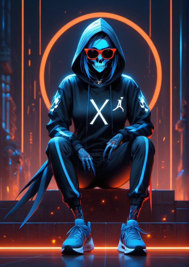 cyberpunk, sunglass,The long scar on the forehead is formed by a straight line drawn across many x marks, monkey skull, full detail body female, smily,smoking, detail nike jordan sneakers shoes, fashion, squat,ceramics, shoes, hoodie , croptop, logo,12k, water effect, blueoragenred, cinematic, minimalism fantastic background, ghost blade art style, fantastic, digital art, high detail, high detail skin, real skin, 8k, high_resolution, high quality, line code with glowing ancient characters, hdr:1.5, sharpness,scythe