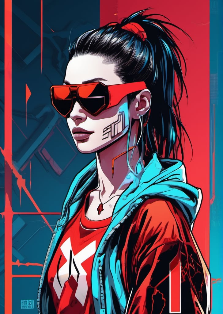 cyberpunk, sunglass,The long scar on the forehead is formed by a straight line drawn across many x marks, monkey skull, full detail body female, smily,smoking, detail nike jordan sneakers shoes, fashion, squat,ceramics, shoes, hoodie , croptop, logo,12k, water effect, blueoragenred, cinematic, minimalism fantastic background, ghost blade art style, fantastic, digital art, high detail, high detail skin, real skin, 8k, high_resolution, high quality, line code with glowing ancient characters, hdr:1.5, sharpness,