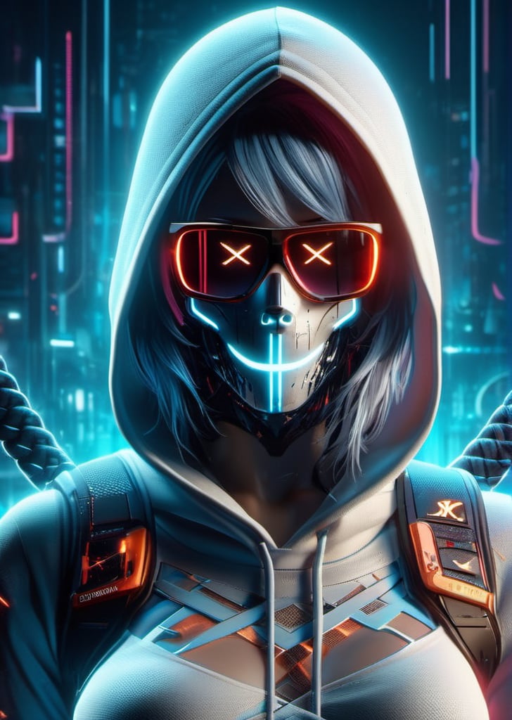 cyberpunk, sunglass,The long scar on the forehead is formed by a straight line drawn across many x marks, monkey skull, full detail body female, smily,smoking, detail nike jordan sneakers shoes, fashion, squat,ceramics, shoes, hoodie , croptop, logo,12k, water effect, blueoragenred, cinematic, minimalism fantastic background, ghost blade art style, fantastic, digital art, high detail, high detail skin, real skin, 8k, high_resolution, high quality, line code with glowing ancient characters, hdr:1.5, sharpness,