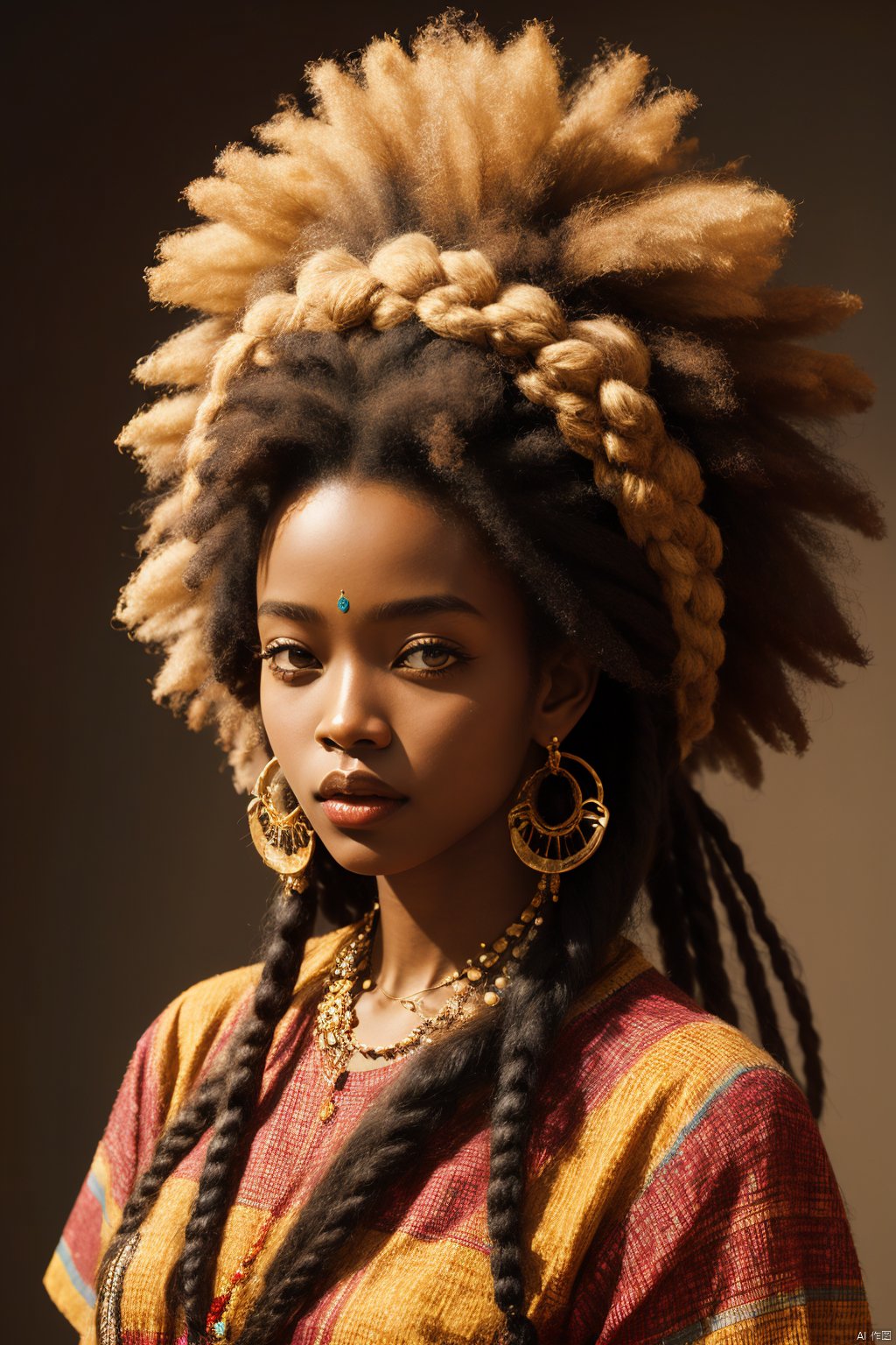  high quality, masterpiece, 1girl, African queen, afro, psychedelic