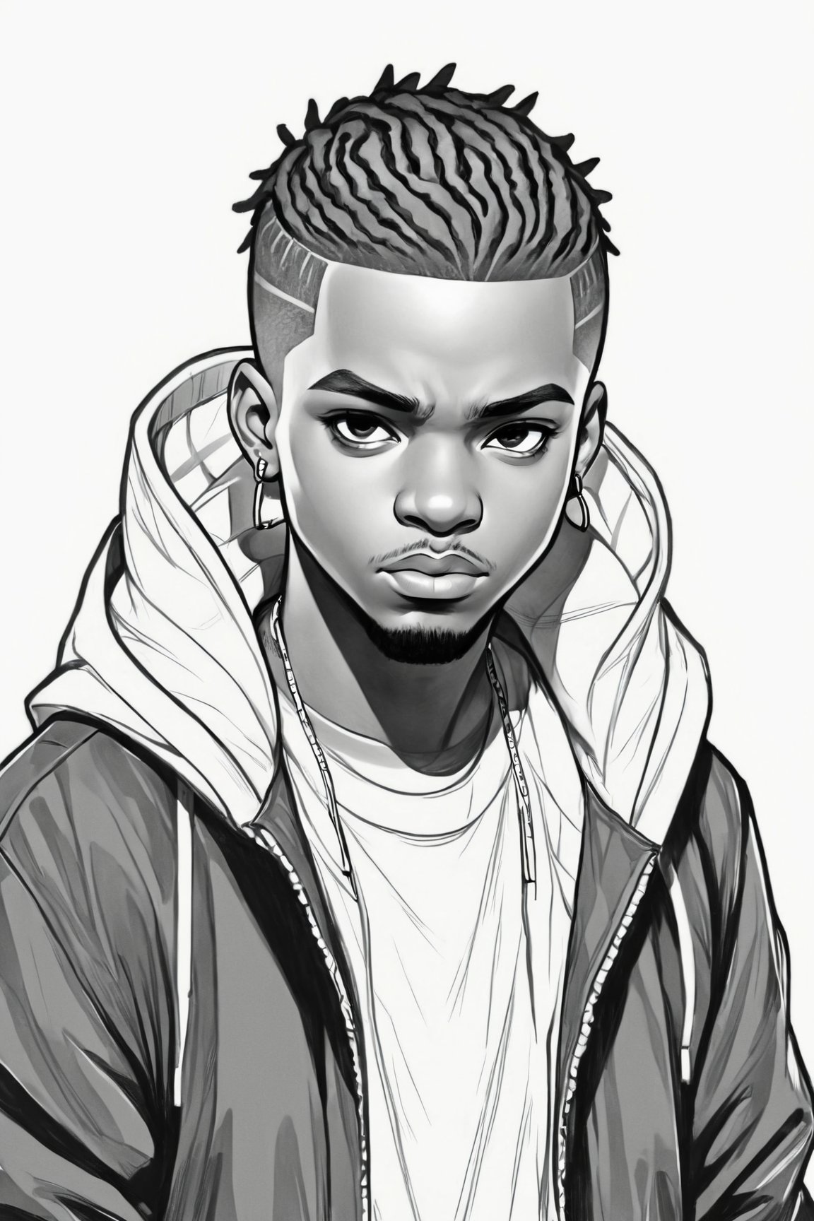 Manga style illustration, line art, pencil art, solo,looking at viewer,short hair,bangs,simple background,1boy,closed mouth,jacket,monochrome,male focus,alternate costume,dark skin,hood,hoodie,piercing,border,dark-skinned male,hood down,portrait,official alternate hairstyle,dreadlocks