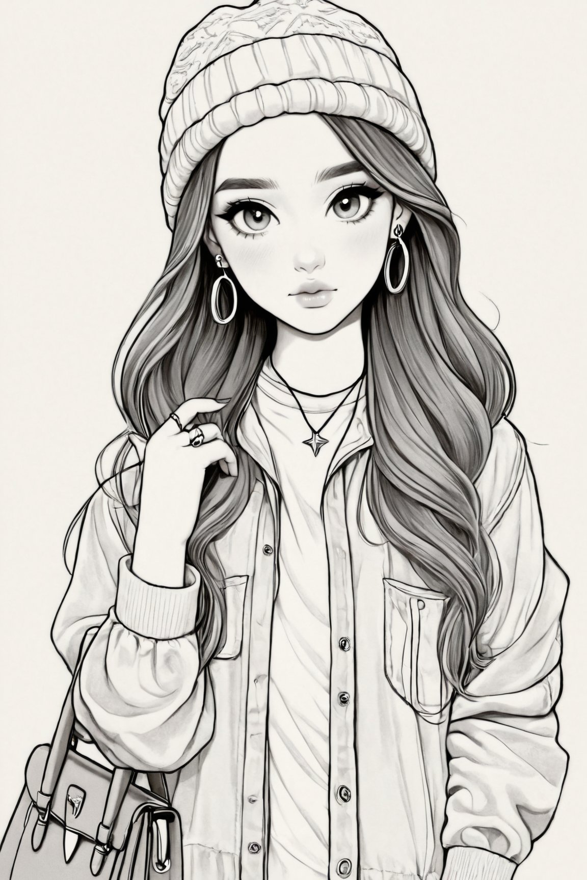 Manga style illustration, line art, pencil art, 1girl,solo,long hair,looking at viewer,blush,simple background,shirt,long sleeves,hat,white background,jewelry,closed mouth,jacket,monochrome,greyscale,cowboy shot,earrings,open clothes,hand up,necklace,bag,bracelet,open jacket,sleeves past wrists,wavy hair,forehead,puffy long sleeves,handbag,shoulder bag,beanie,shirt tucked in