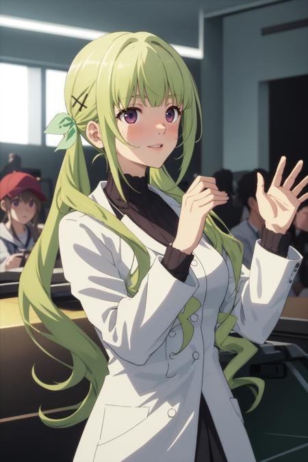 masterpiece, best quality, absurdres, 1girl, Keine <lora:Kanzaki_Keine:0.7>, very long hair, green hair, purple eyes, green ribbon, hair ribbon, twintails, (low twintails:1.2), blunt bangs, x hair ornament, white jacket, white coatBREAK light smile,  nice hands, perfect hands, <lora:GoodHands-beta2:0.8>, beaufitul hand, beautiful finger, Indoor karting centers, (perfect anatomy),  [Cinematic lighting|Volumetric Lighting], portrait, cowboy shot